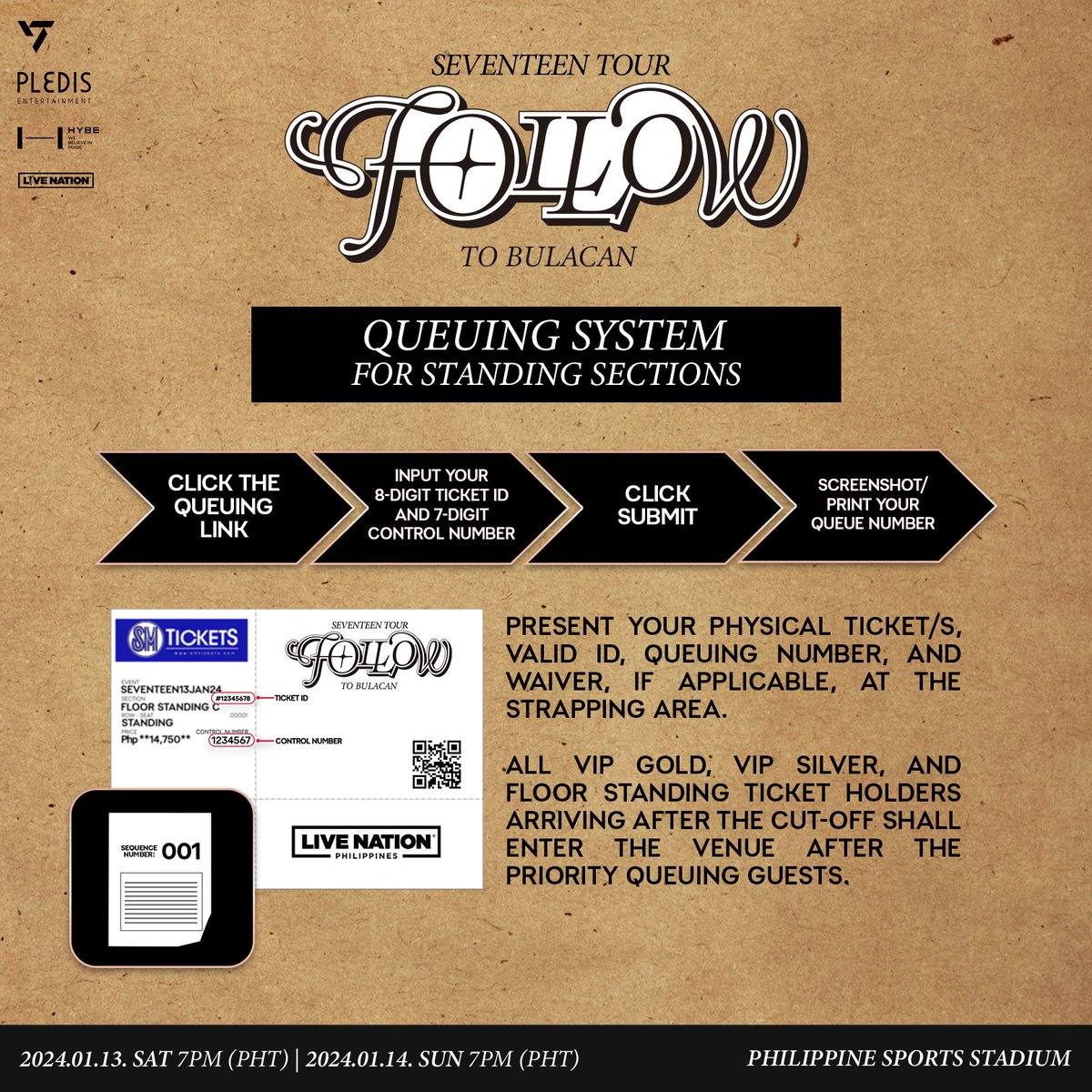 Check out the queuing system for SEVENTEEN TOUR ‘FOLLOW’ TO BULACAN happening on January 13 and 14 at the Philippine Sports Stadium 🤍

Download your queuing number here:
January 13 - smtickets.com/v1/svtjan13
January 14 - smtickets.com/v1/svtjan14

#SEVENTEEN #세븐틴