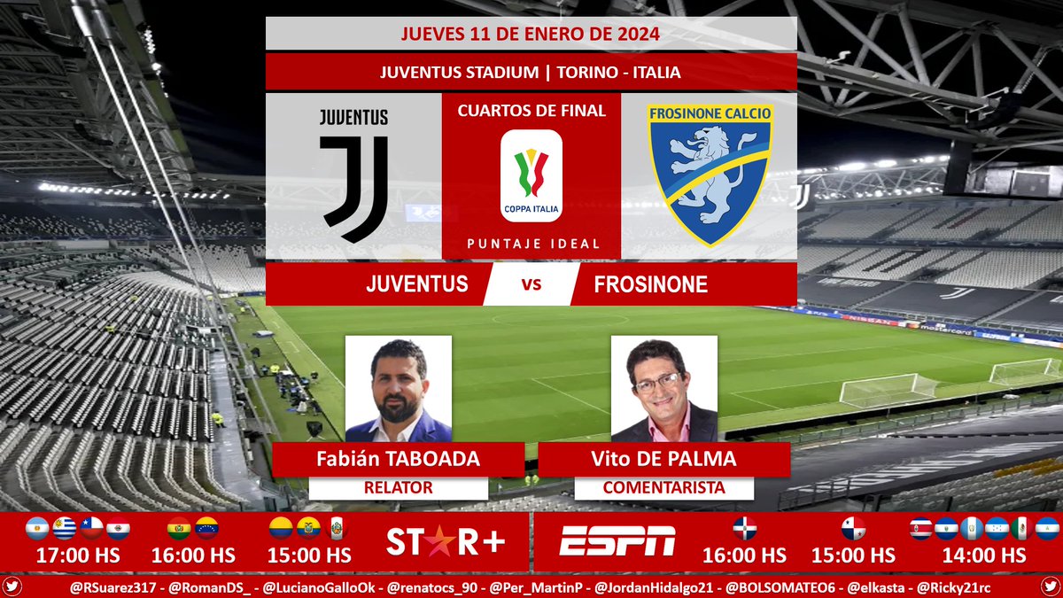 ⚽ #CoppaItalia 🇮🇹 | #Juventus vs. #Frosinone 🎙 Relator: @FabiTaboadaok 🎙 Comentarista: @vitodepalma (@CalcioDePalma) 📺 #ESPN Centroamérica y México 💻📱 @StarPlusLA Latinoamérica 🤳 #FUTBOLxESPN - #ESPNenStarPlus - #JuveFrosinone Dale RT 🔃