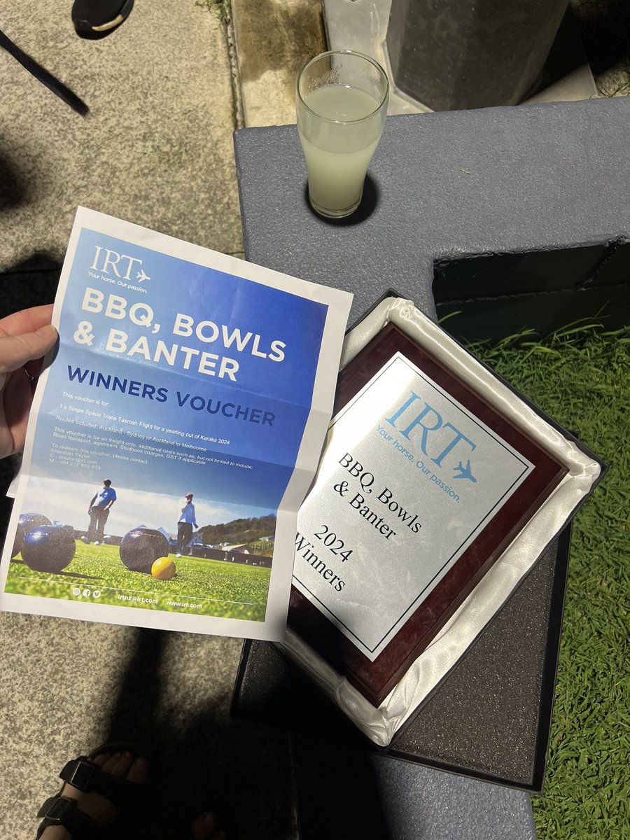 adamsr__'s tweet photo. Big thanks to @FlyIRT for the outstanding night of lawn bowls last night! Plenty of laughs, still no idea how we managed to pick up the win but very thankful for the trophy (straight to the pool room) & the trans Tasman flight - look out @KarakaChat here we come ✈️ #teamsmb https://t.co/HJ4ulJ4QGJ