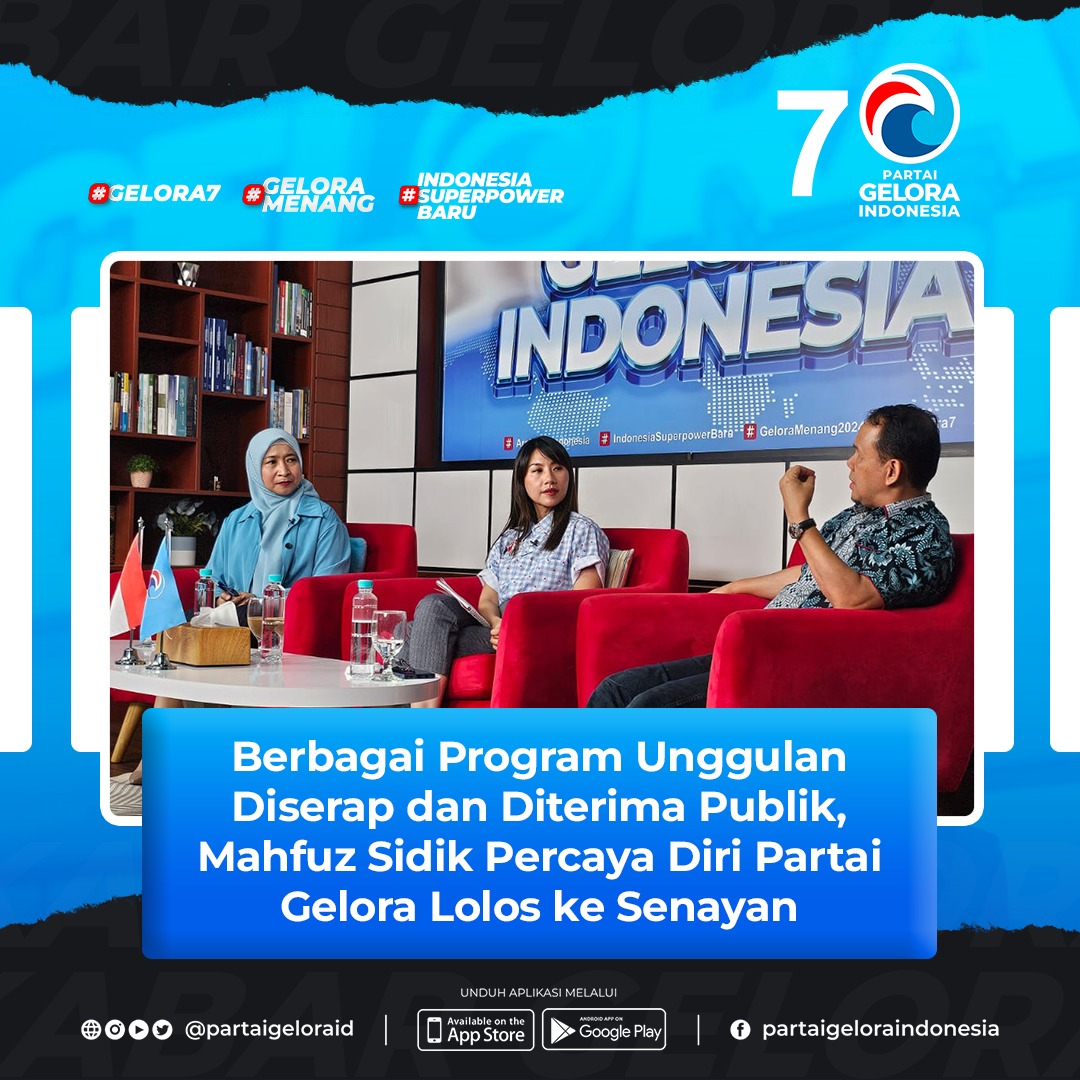 #Rilis | Berbagai Program Unggulan Diserap dan Diterima Publik, Mahfuz Sidik Percaya Diri Partai Gelora Lolos ke Senayan
partaigelora.id/berbagai-proga…
@anismatta @Fahrihamzah #gelora7  #indonesiasuperpowerbaru  #ayomoveon #PartaiBaruLebihSeru #GeloraMenang2024 #kuliahgratis