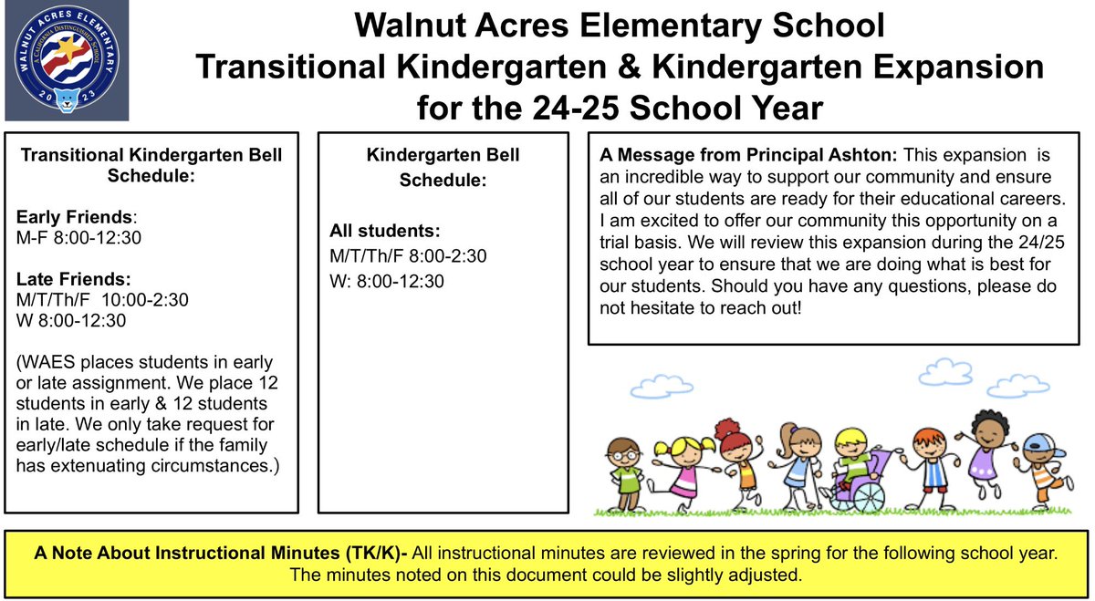 So exciting! It’s #enrollment season! @Walnut_Acres TK/K enrollment dates are 1/23 & 1/24! Don’t forget about our plan to expand our TK/K programs in the 24-25 school year! Can’t wait to see you next year! @MtDiabloUSD #teachertwitter #twitteredu #edutwitter #ece #earlychildhood