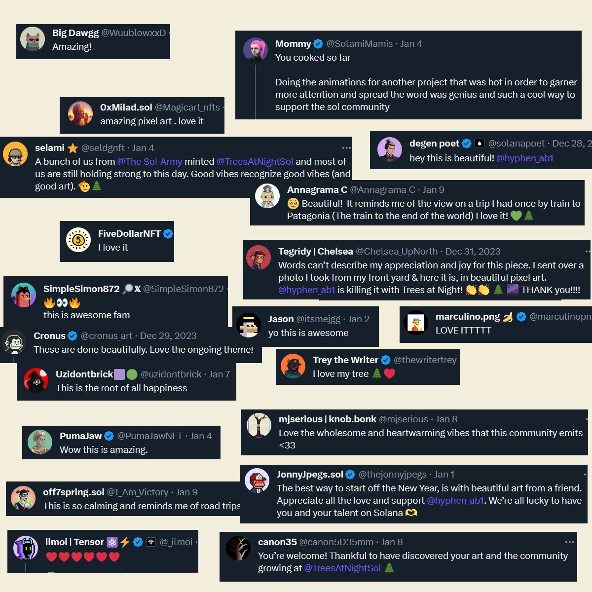 hyphen_ab1's tweet image. We have been live for 12 days!

So far we have :
🌲 Produced 8 1/1s (3 raffled, 3 based on community contributions, 2 on twitter activity)
🌲 Produced 8 honoraries
🌲 Initiated first round of trait morphs, which will add 5 new traits to collection
🌲 Formed a community

Come see!