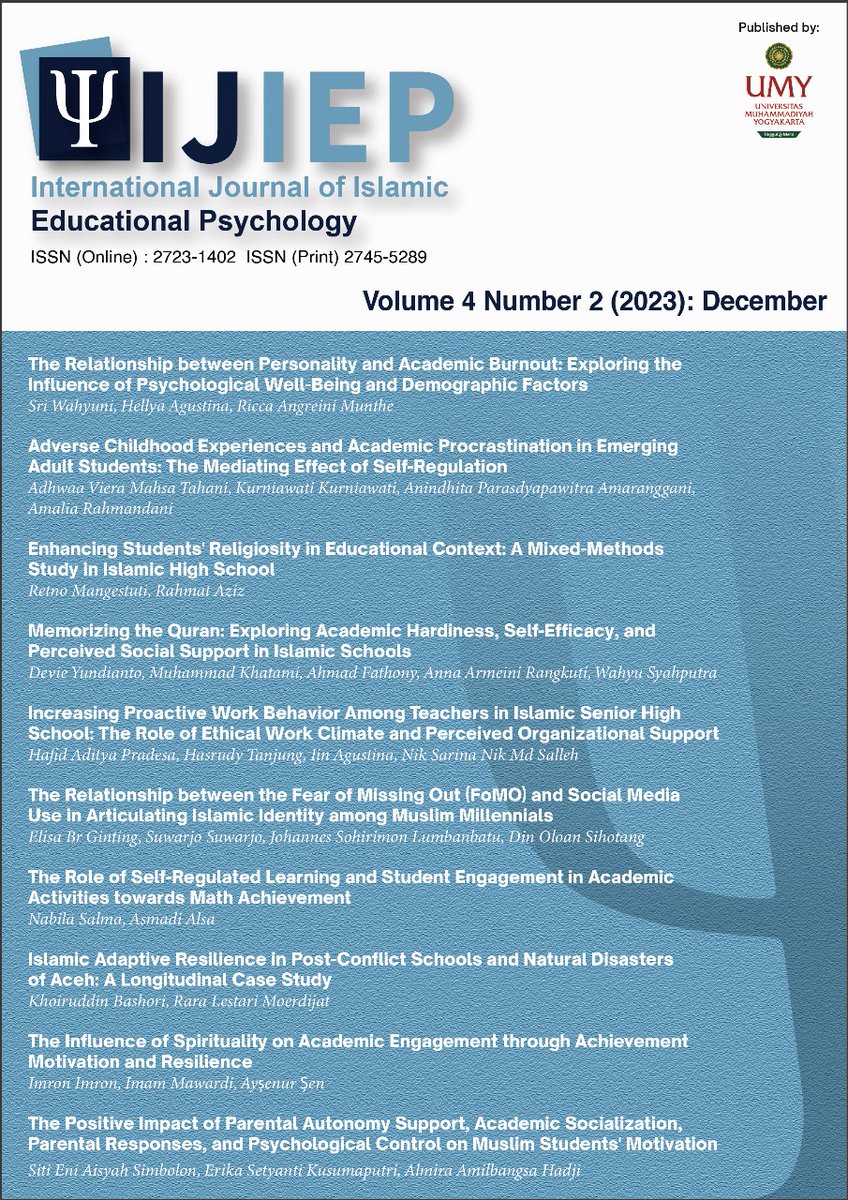 ijiepumy's tweet photo. We proudly present the International Journal of Islamic Educational Psychology, Volume 4, Number 2, December 2023. In this edition, we have published 10 articles. Please visit: https://t.co/wE5CnAPH5I
. https://t.co/R5Hb4Nw3HV