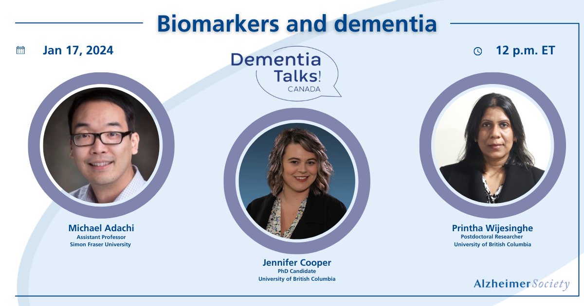 I am pleased to announce that I will be speaking at the next edition of Dementia Talks! Canada, presented by the Alzheimer Society of Canada and Brain Canada.
This group conversation will be in English, with interpretation provided in French. alzheimer.ca/biomarkertalk