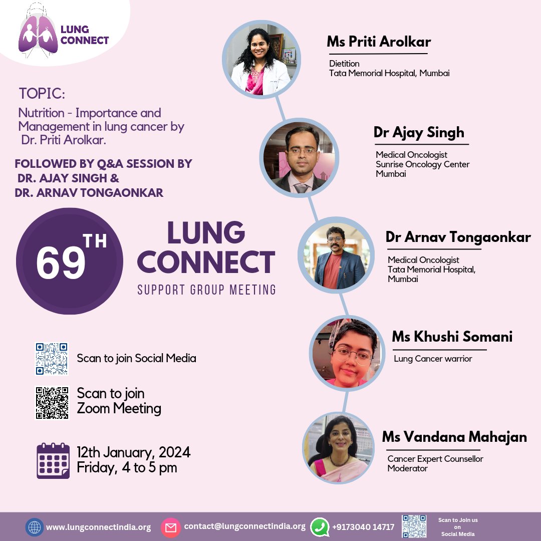 Lung Connect invites you to 69th - Mumbai patient support group meeting 

FRIDAY- 12th January, 4 to 5 pm

TOPIC: Nutrition - Importance and Management in Lung Cancer. 

@oceanblue11oct
@VanitaNoronha
@Sanjeev_33 

#lungcancerresearch #lungcancer #lungcancerscreening…