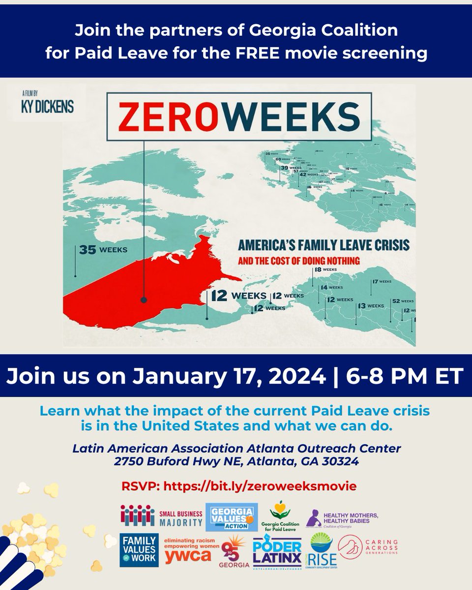 FmlyValuesWork's tweet photo. If you're Atlanta, here's a great opportunity to check out an amazing and moving film, #ZeroWeeks on 1/17. More info at https://t.co/sVjyJRFKrr Were proud to join @poderlatinx @9to5georgia @smlbizmajority @ywcausa @caringacrossgen @hmhbgeorgia @georgiavalues @risedevelopment to present this event! #NetworkStrong #PaidLeave4AllGA #PaidLeaveforALL