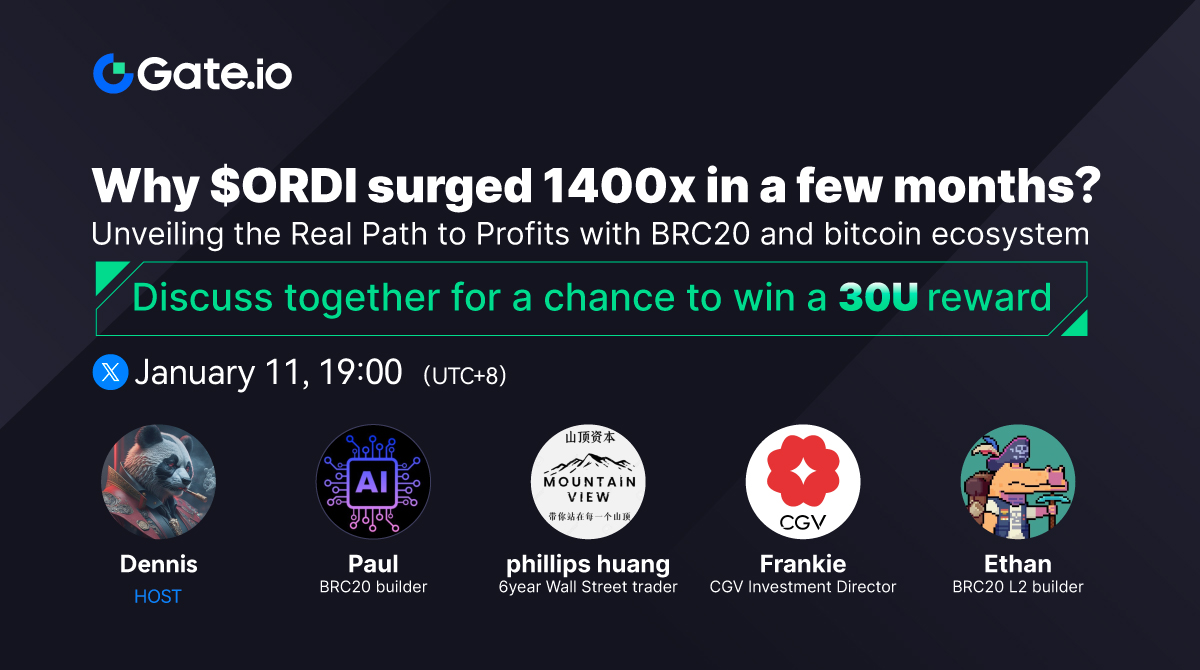 Gate's tweet photo. 🤔Why $ORDI surged 1400x in a few months？ Approval of Bitcoin Spot ETF Opens New Opportunity for Wealth Accumulation   

⏰Don't miss Jan11, 19:00 (UTC+8) X space 
🔗Space Link:https://t.co/P9nfIJdCrf

🔥Guest：@BlackburnS77512 @Phillipshuan @CGVFOF @Layer2maestro  

Discuss together for a chance to win a 30U reward！ Join the TG group : https://t.co/fVawmiqCuO