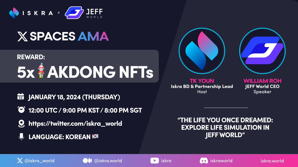 Iskra (@iskra_world) on Twitter photo ๐ฅ AMA + NFT Giveaway ๐ฅ
Mark your calendars for our upcoming AMA + #giveaway with #metaverse project <a href="/jeffworld_io/">JEFF World</a>! ๐๏ธ๐
๐๏ธ January 18th | 12:00 UTC
๐ 5 Winners x JEFF World AKDONG NFTs
โ
Follow <a href="/iskra_world/">Iskra</a> + <a href="/jeffworld_io/">JEFF World</a>
โ
Like + RT
โ
Join the AMA ๐๐ป ๐ฅ AMA + NFT Giveaway ๐ฅ
Mark your calendars for our upcoming AMA + #giveaway with #metaverse project <a href="/jeffworld_io/">JEFF World</a>! ๐๏ธ๐
๐๏ธ January 18th | 12:00 UTC
๐ 5 Winners x JEFF World AKDONG NFTs
โ
Follow <a href="/iskra_world/">Iskra</a> + <a href="/jeffworld_io/">JEFF World</a>
โ
Like + RT
โ
Join the AMA ๐๐ป