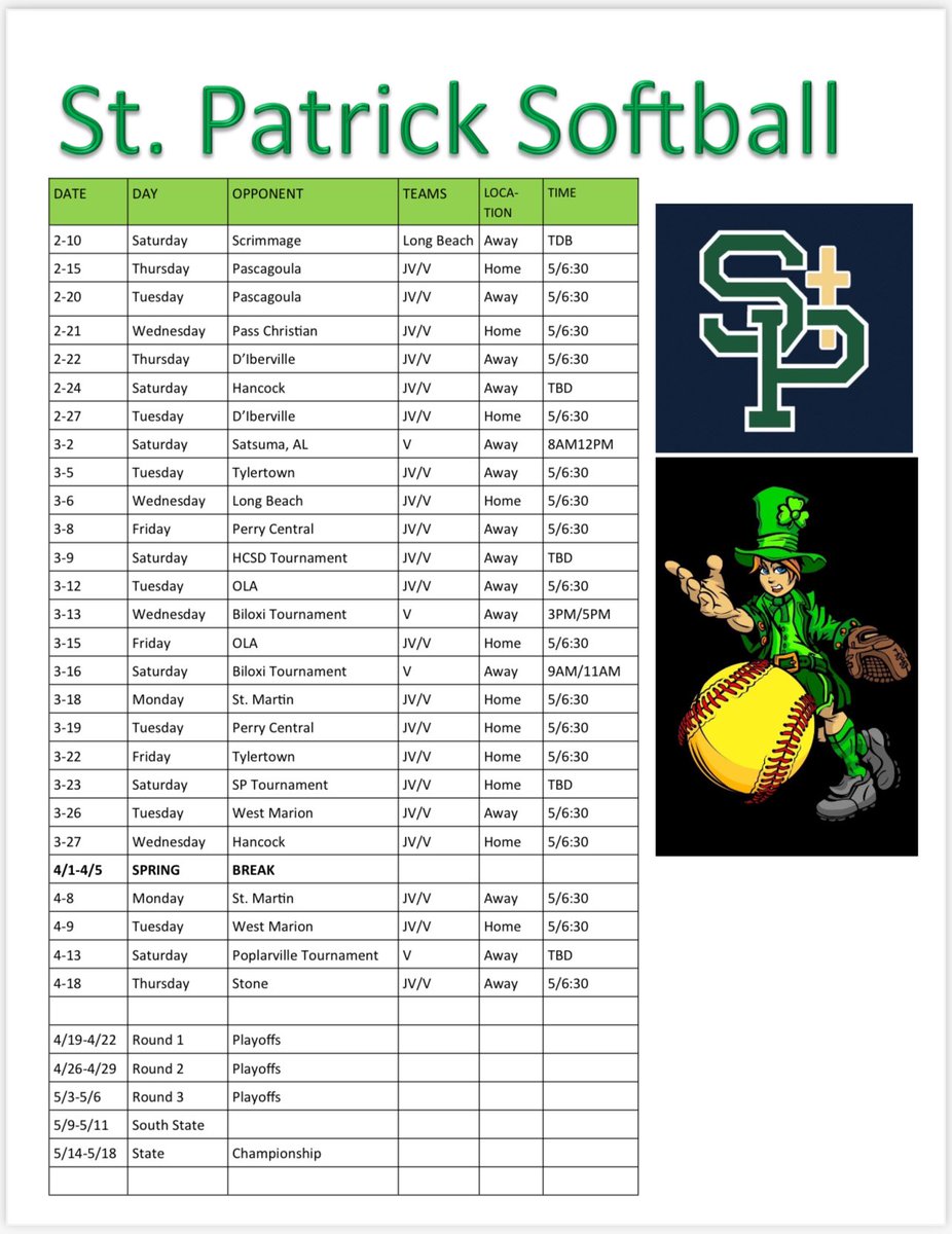 PatrickSoftball's tweet photo. The 2024 schedule is here!!⚡️ It’s the Year of the Irish!!☘️🥎
#stpatrickirishsoftball #bringbackthechampionship #letsgoirish #chasingrings https://t.co/N7mCS2iIsQ
