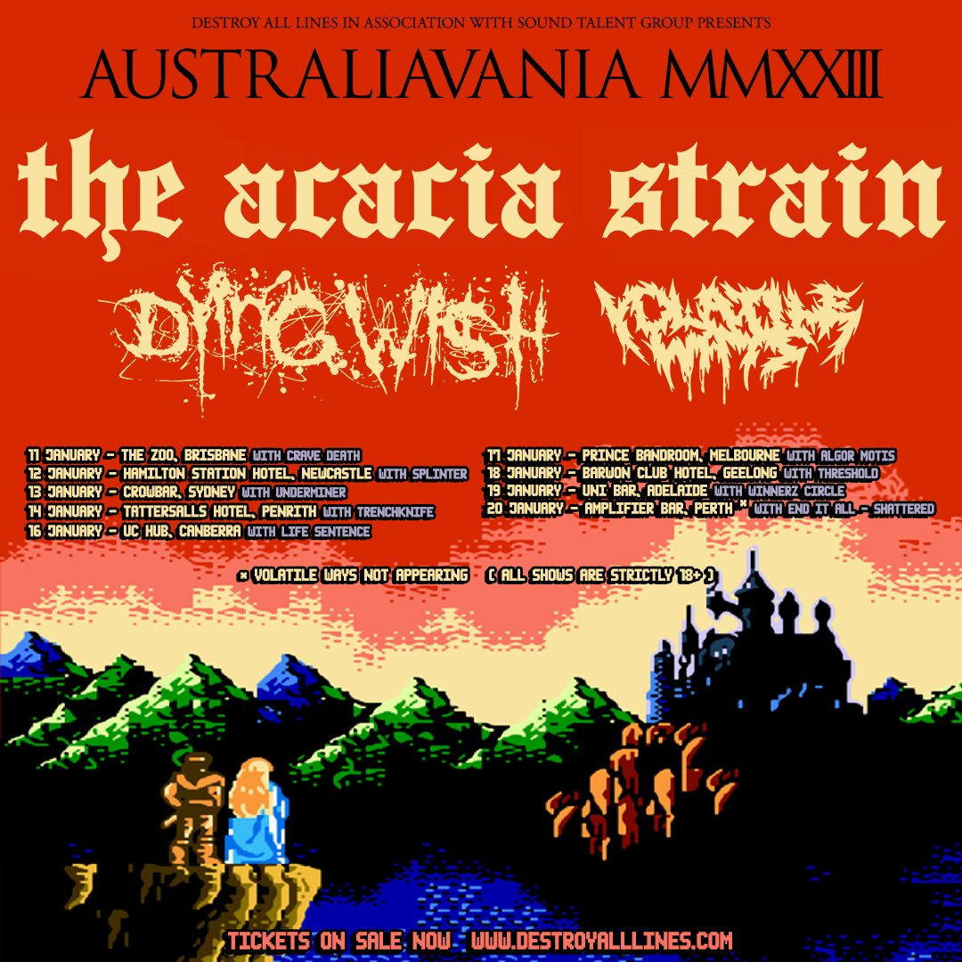 Starting tour tonight in Brisbane with <a href="/theacaciastrain/">The Acacia Strain</a> &amp; <a href="/dyingwishhc/">Dying Wish</a> 🏰

Fuckin stoked.