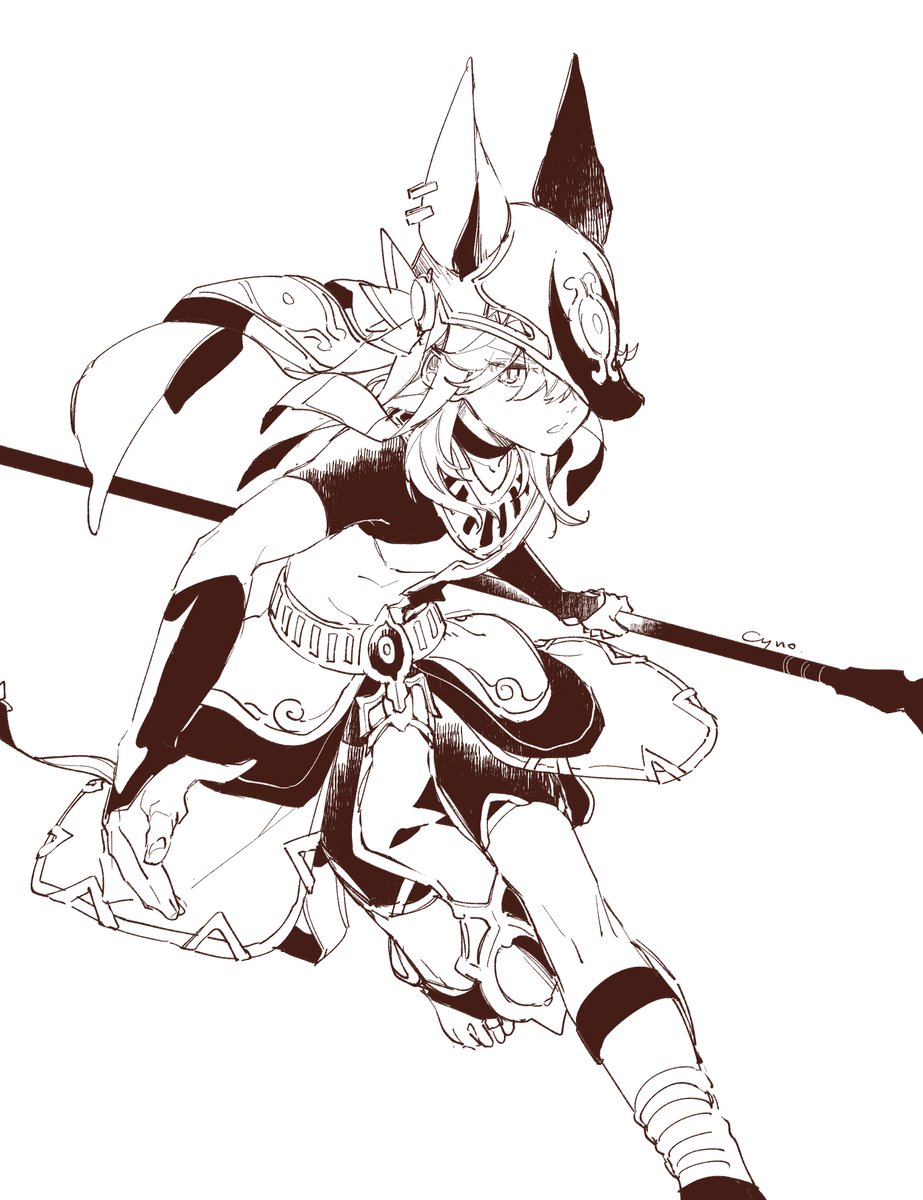 cyno (genshin impact) 1boy male focus monochrome solo holding animal hat holding polearm  illustration images