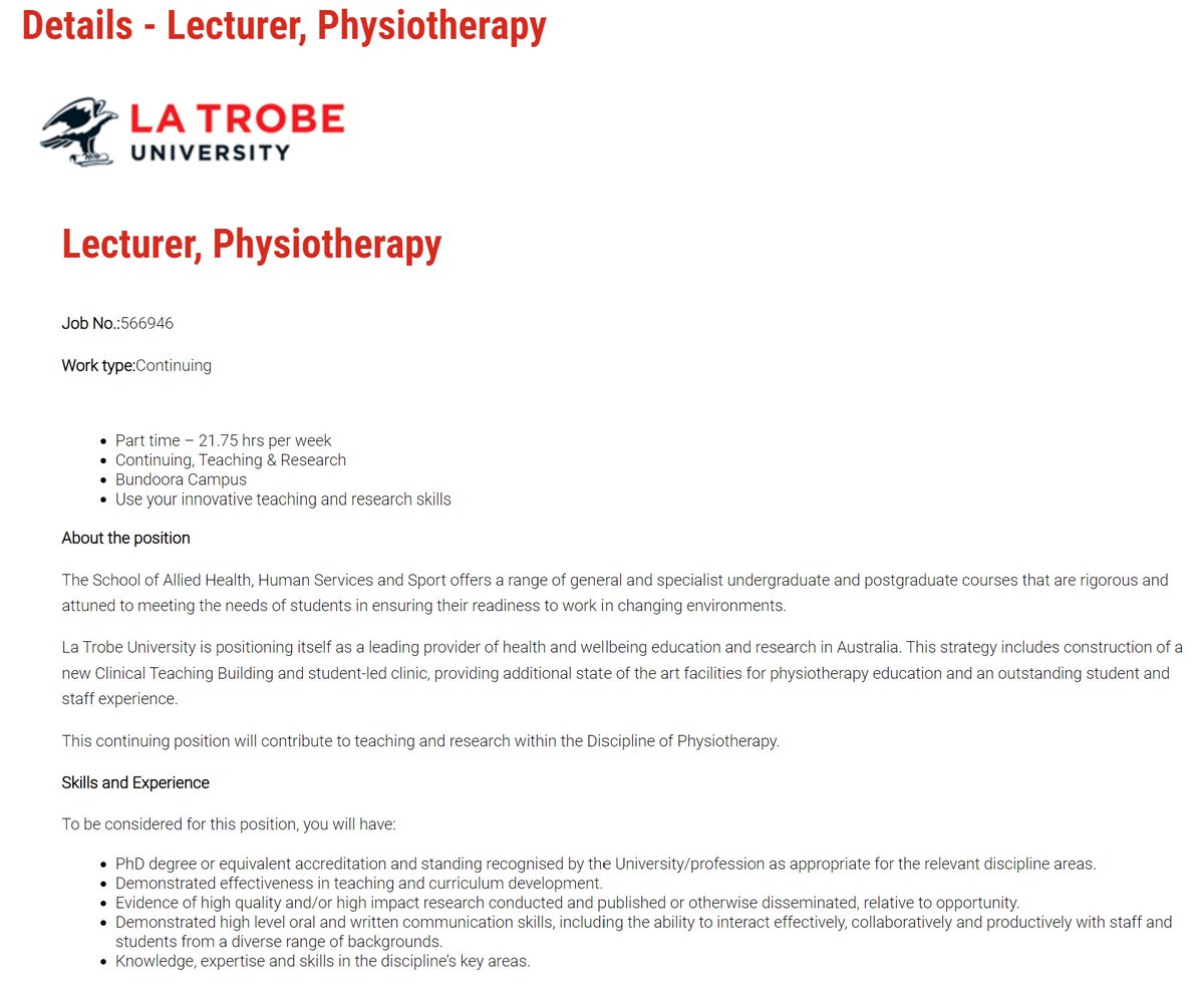 Great opportunity to join our team @latrobe physio careers.pageuppeople.com/533/caw/en/job…