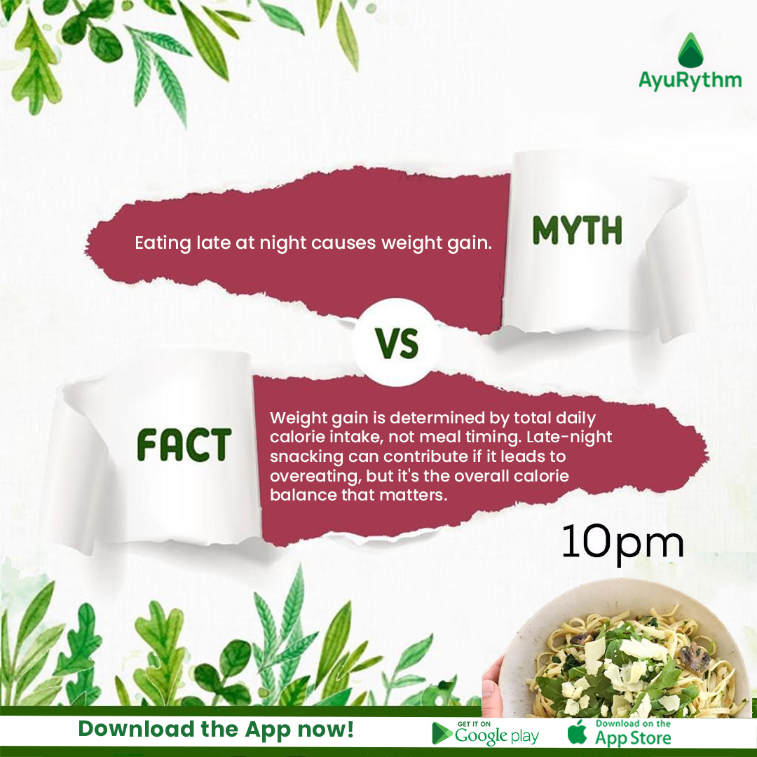 Nighttime nibbles won't expand your waistline if your daily calorie balance is on track. It's about the big picture, not the clock. . . . #AyuRythm #EatSmartNotLate #TimingIsntEverything #WeightBalance #MidnightMyths #LateNightEats #NutritionTruth
