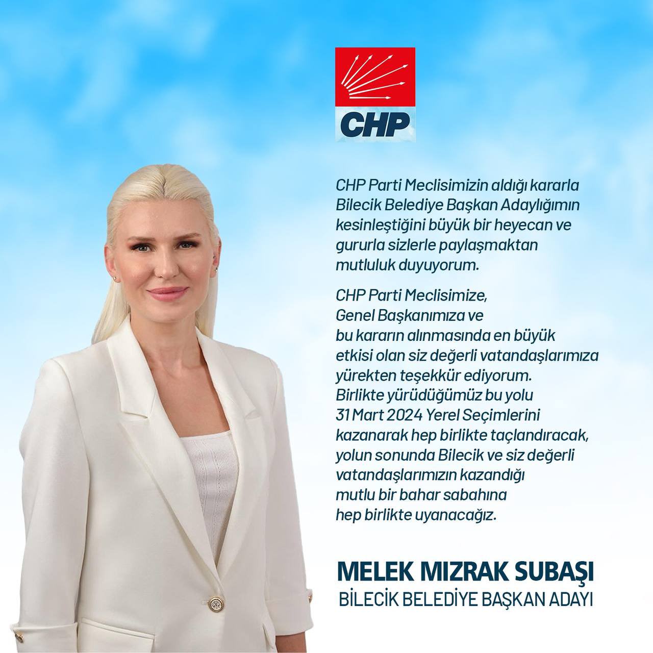 Melek Mızrak Subaşı on X: "CHP Parti Meclisimizin aldığı kararla Bilecik Belediye Başkan Adaylığımın kesinleştiğini büyük bir heyecan ve gururla sizlerle paylaşmaktan mutluluk duyuyorum. CHP Parti Meclisimize, Genel Başkanımıza ve bu kararın