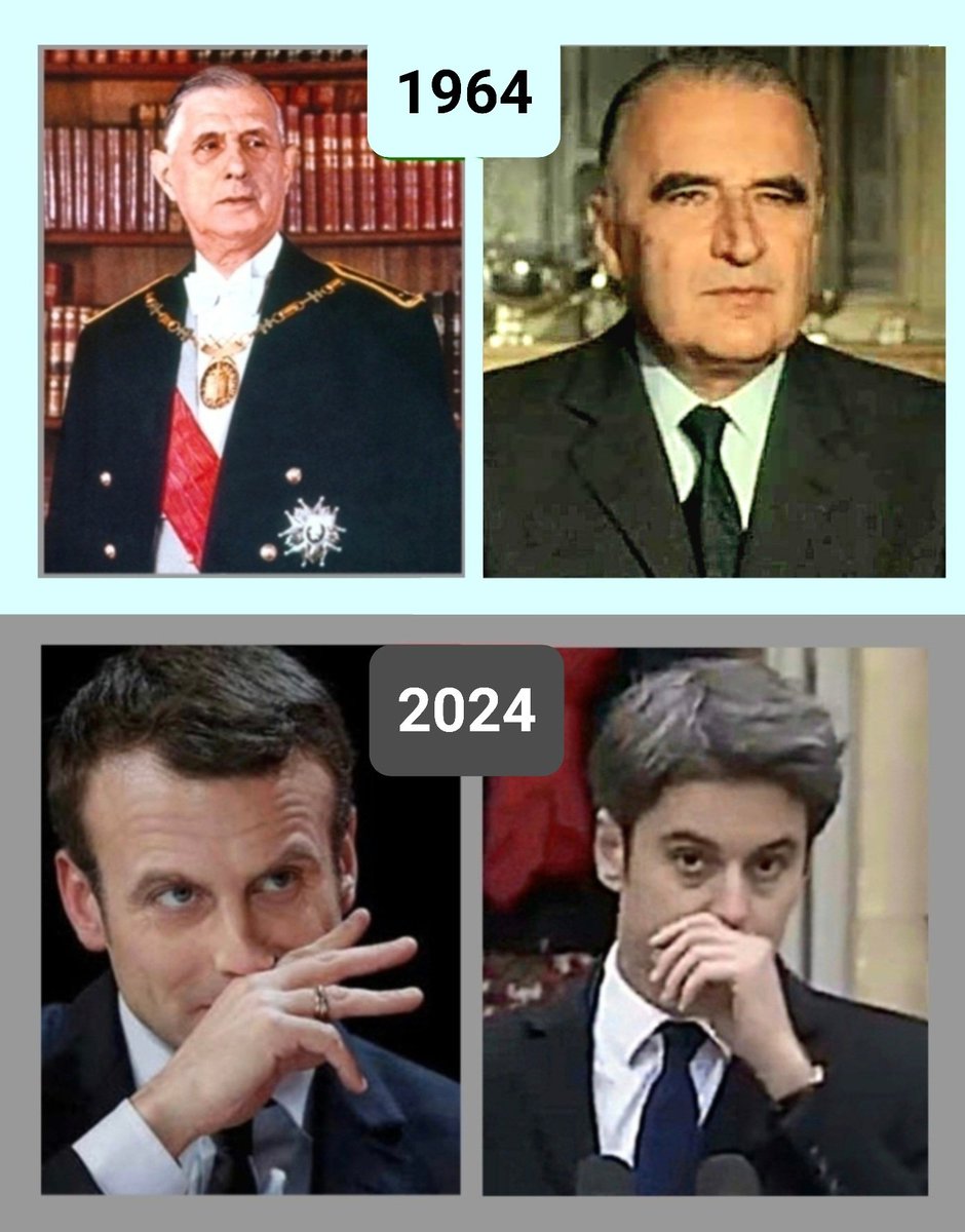 1 image et 4 photos qui résument la décadence de la #France en 60 ans. Merci à l'#UERSS d'avoir, avec la complicité de l'ami américain, fait de notre pays, un nain politique avec, pour derniers avatars, #MacroNéron et ##AttalMiniMacron #Cocaïne et #Chemsex.
