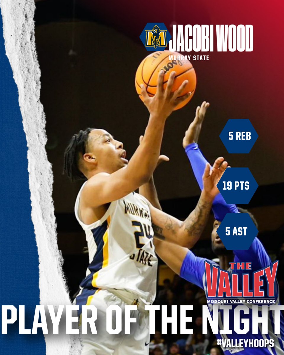 🚨PLAYER OF THE NIGHT🚨 THE FANS HAVE SPOKEN‼️ Jacobi Wood of @RacersHoops recieved 47.3% of the fan vote for MVC Player of the Night with 5 reb. 5 ast. and 19pts‼️ Be sure to tune in after Valley matchups to vote for your favorites‼️ #ValleyHoops