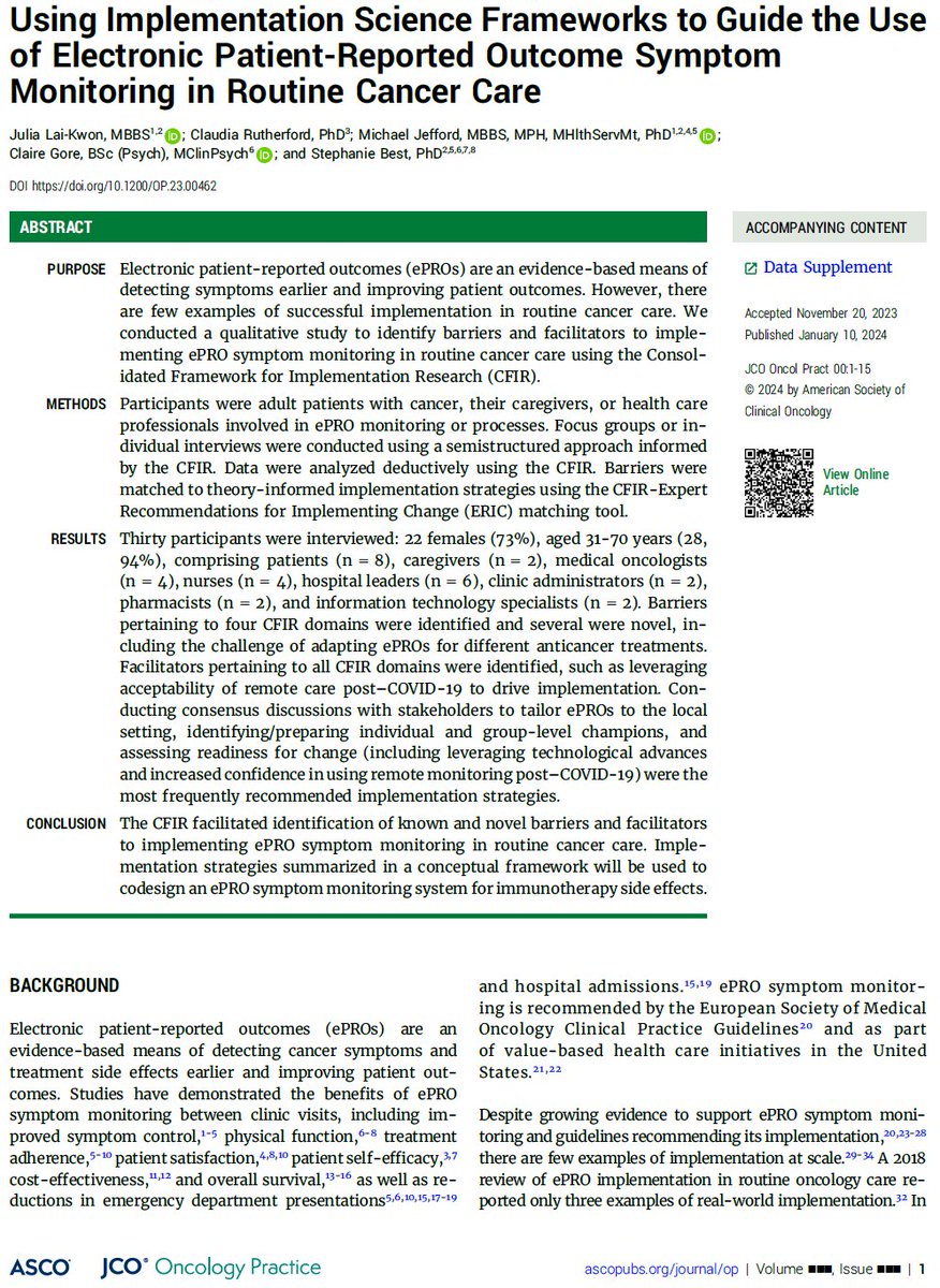 How can #impsci help implement electronic patient-reported outcome symptom monitoring in routine cancer care? Check out our 🇦🇺study using the CFIR published today @JCOOP_ASCO 🌟Novel barriers + facilitators identified 👍Theory-informed #impsci strategies generated for key steps