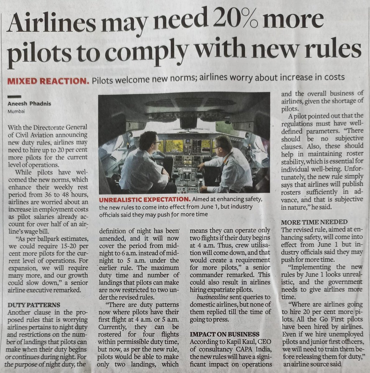 Pilots have largely welcomed the Directorate General of Civil Aviation rules which enhances their weekly rest period from 36 to 48 hours

However the changes have put airlines in a spot

Implementing new rule by June 1 is unrealistic