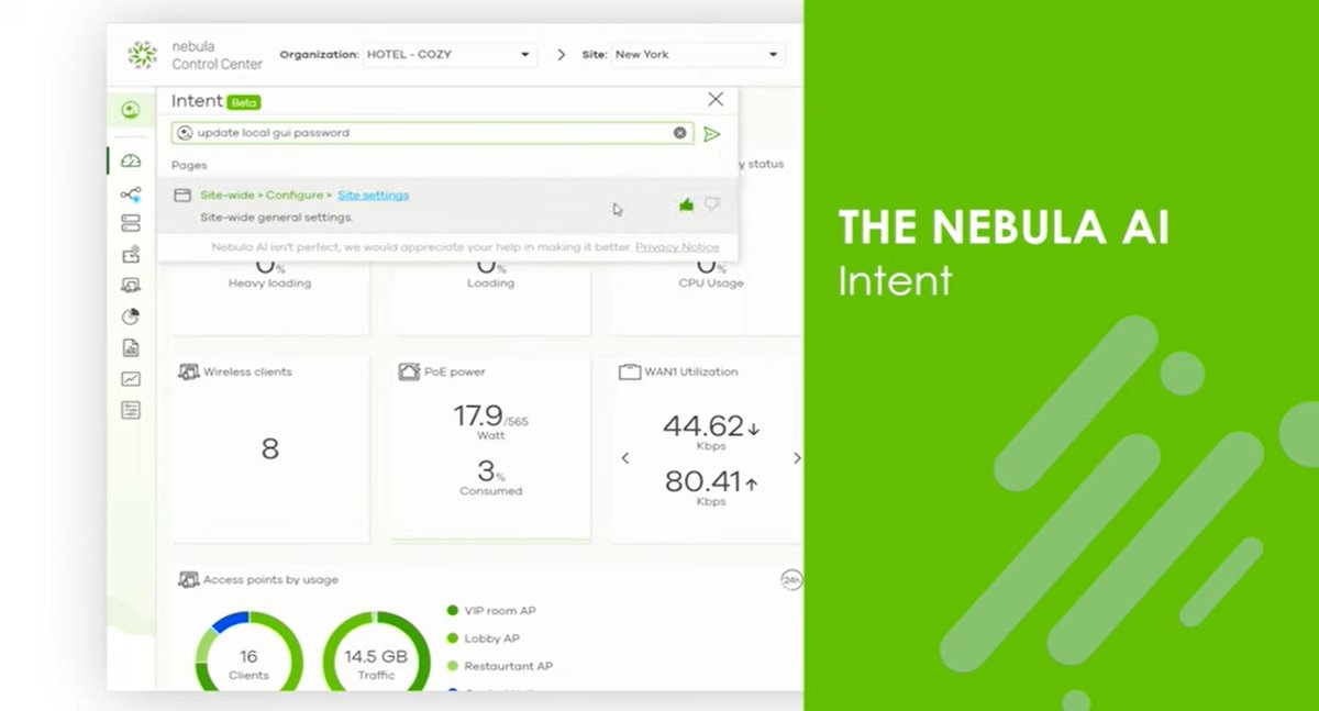 ZyxelJapan's tweet image. ネットワークの設定に迷っていませんか？今こそ、NebulaのAI搭載機能でプロセスをスピードアップする時です！📷 最新のNebula Phase 17.20でIntentを紹介します。Nebulaの機能を簡単かつ正確にナビゲートしてくれます！
#Zyxel｜#CloudManagement｜#NebulaCloud｜#EasySetup｜#AI