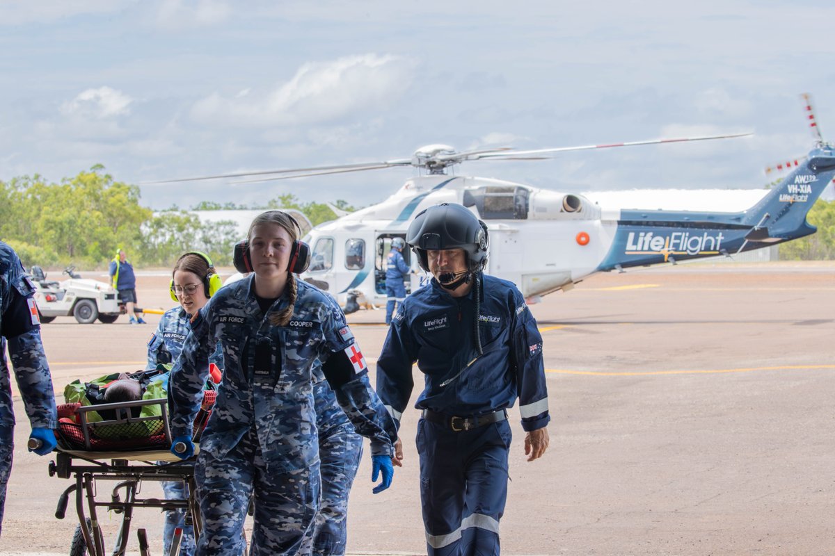 DefenceAust's tweet photo. Taking training to new heights 🚁 During a recent deployment to the Kimberley Marine Park as part of #OpResolute, an #AusAirForce medical team from No 2 Expeditionary Health Squadron conducted scenario-based training with the RACQ LifeFlight Rescue team. @AusBorderForce #YourADF https://t.co/FuL8qmYJma