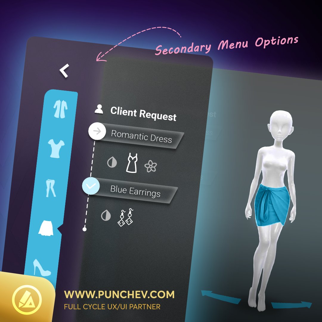 Our UX journey continues! 💼 Explore Stylist Fashion Makeover's user-centric design. Secondary Menu Options are placed on the left side of the mobile device screen as less engagement with them is anticipated. 
#Design #Modern #Gamer #Custom #GameDev #UI #UX #UXUI #Mobile #Gaming