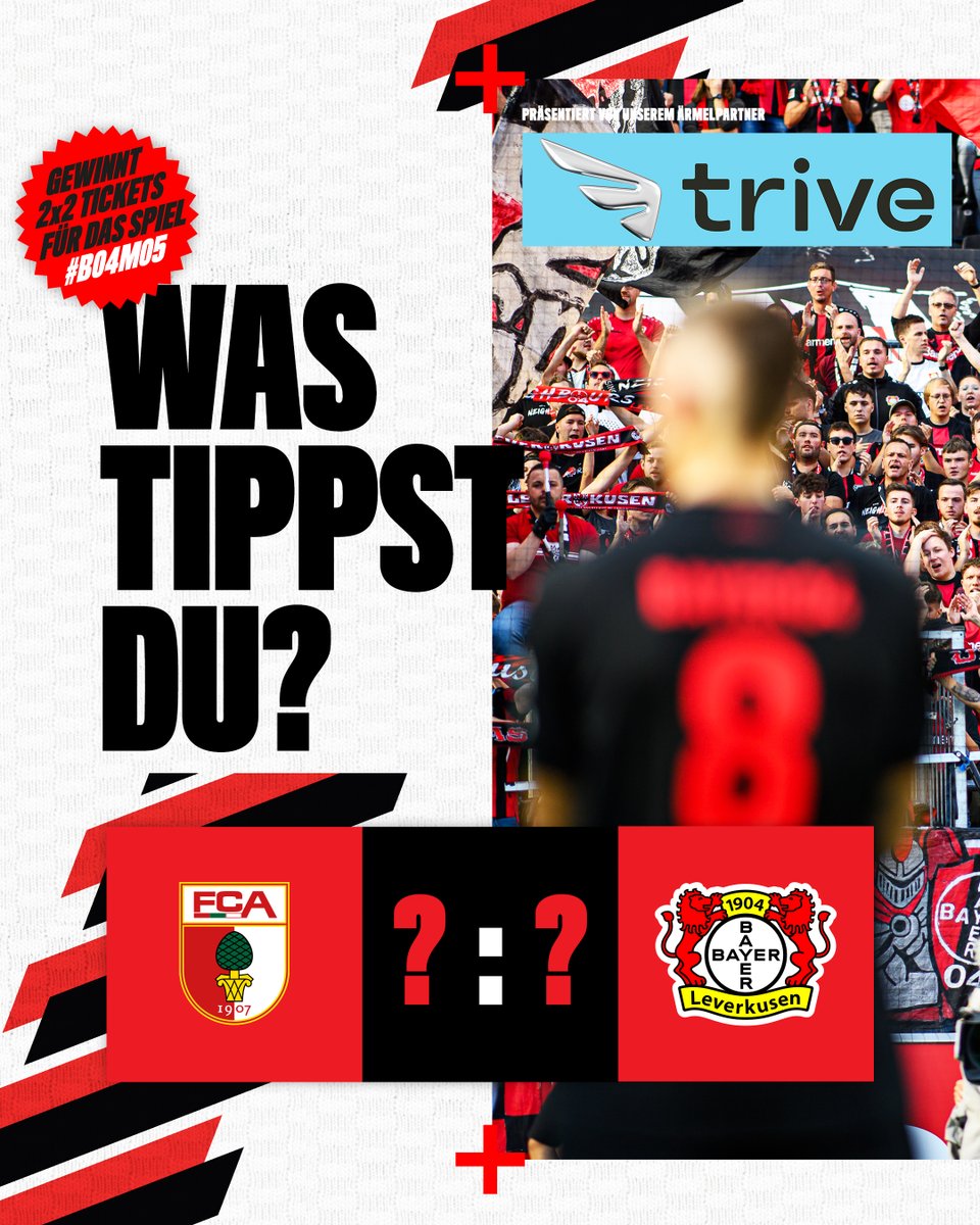 Vor dem ersten Bundesliga-Spieltag 2024 ist vor dem ersten #TriveTippspiel! 💪

👊 Also: Eure Tipps für den Restart der Werkself beim FC Augsburg? 

🎟️ Bei richtigem Ergebnis seid ihr automatisch im Lostopf für zwei Heimspiel-Tickets gegen Mainz! 

🔜 #B04FCA | #Ad | @trive_de