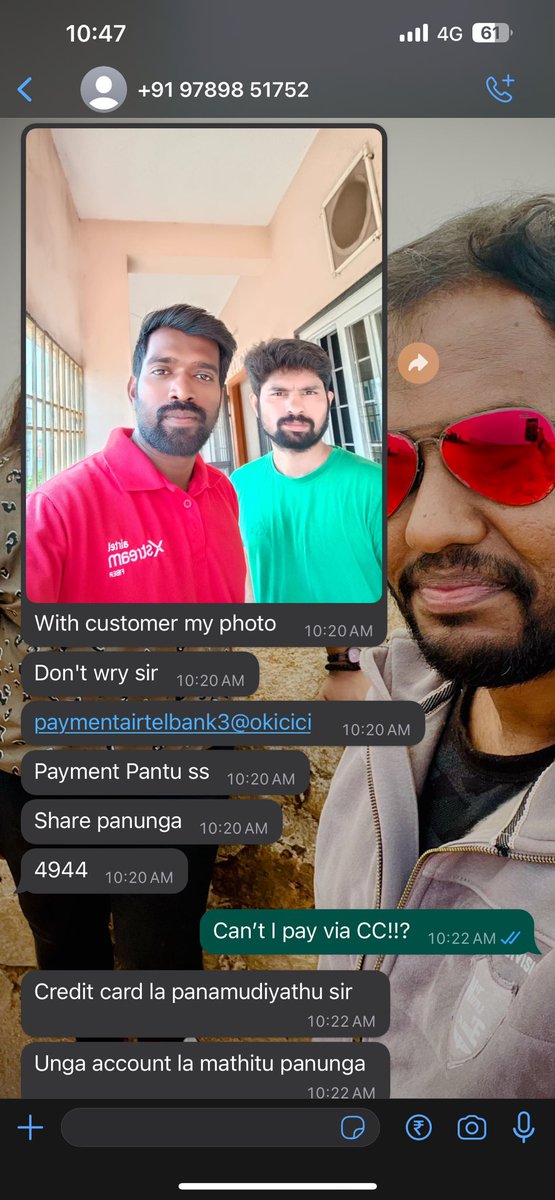 saravanas90's tweet photo. Scam Alert 🚨 @airtelindia @airtelnews @Airtel_Presence  Morning I got a call from the below mentioning to pay for my existing plan. So that he will offer me 1 year of plan. I’ve visited Airtel store and found this is a pure scam. #beaware https://t.co/gYFU7sUDt1