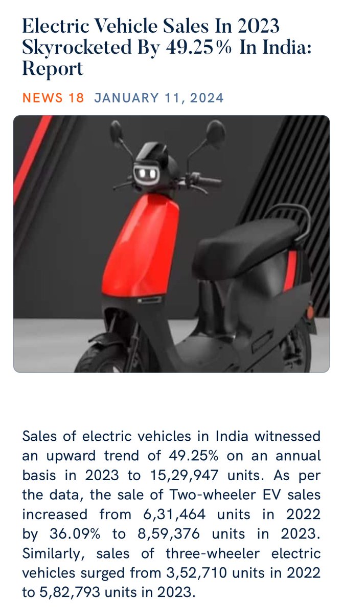DavinderSS's tweet photo. Electric Vehicle Sales In 2023 Skyrocketed By 49.25% In India: Report 
https://t.co/LYo9ox2vId

via NaMo App https://t.co/9sLnuuhMJa