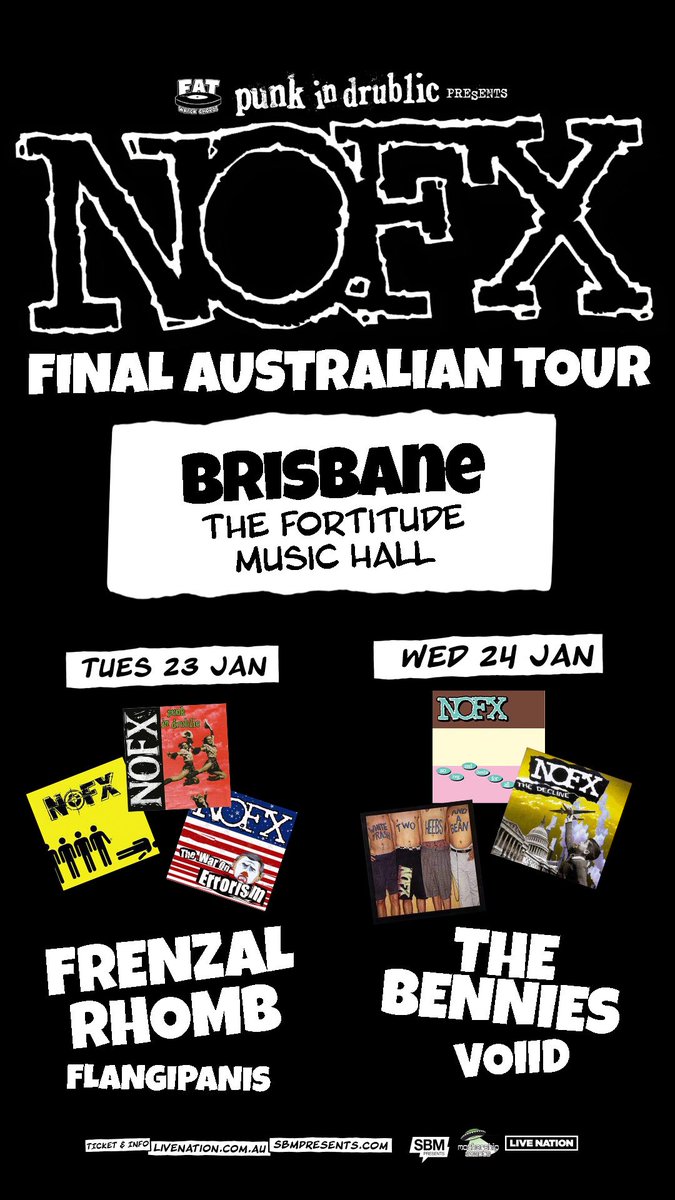 Frenzalofficial's tweet photo. NOFX’s final shows!*
FRENZAL’s final shows!**
NOFX answering dumb questions asked by 1/2 of FRENZAL!***
SYDNEY, BRISBANE, MELBOURNE!****
Tickets here: https://t.co/KOA7aEEFKz https://t.co/lQPw2byTOm