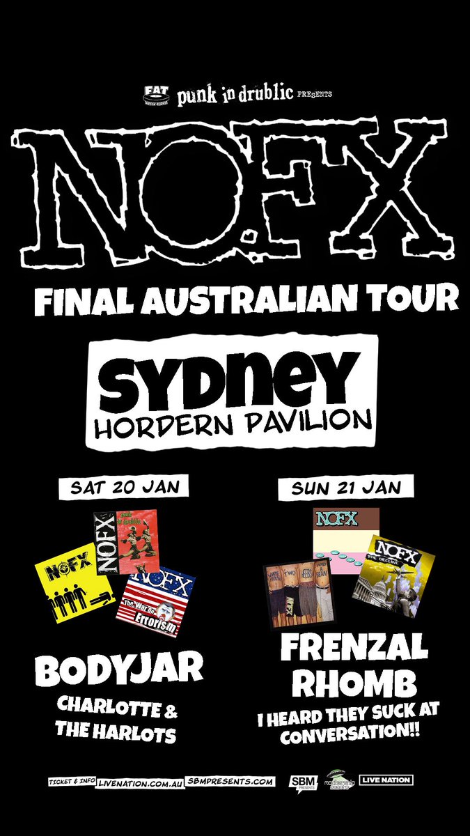 Frenzalofficial's tweet photo. NOFX’s final shows!*
FRENZAL’s final shows!**
NOFX answering dumb questions asked by 1/2 of FRENZAL!***
SYDNEY, BRISBANE, MELBOURNE!****
Tickets here: https://t.co/KOA7aEEFKz https://t.co/lQPw2byTOm