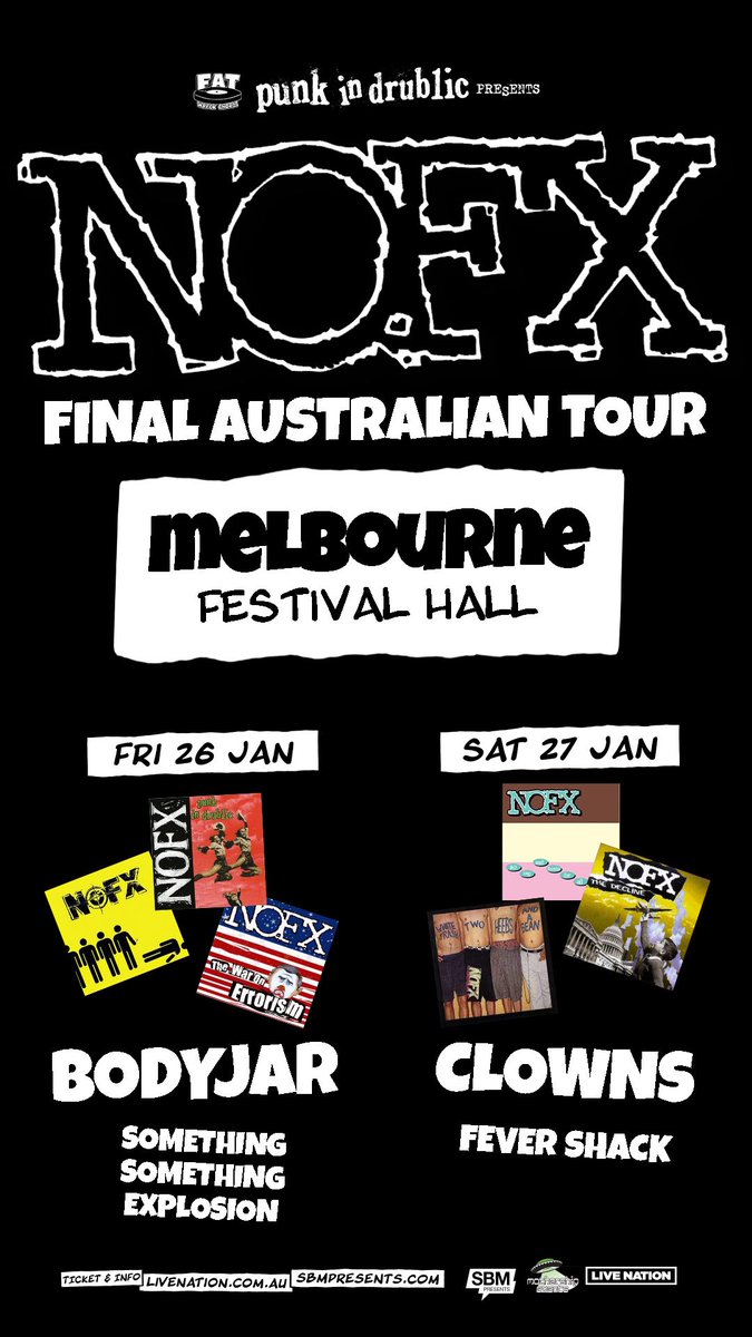 Frenzalofficial's tweet photo. NOFX’s final shows!*
FRENZAL’s final shows!**
NOFX answering dumb questions asked by 1/2 of FRENZAL!***
SYDNEY, BRISBANE, MELBOURNE!****
Tickets here: https://t.co/KOA7aEEFKz https://t.co/lQPw2byTOm