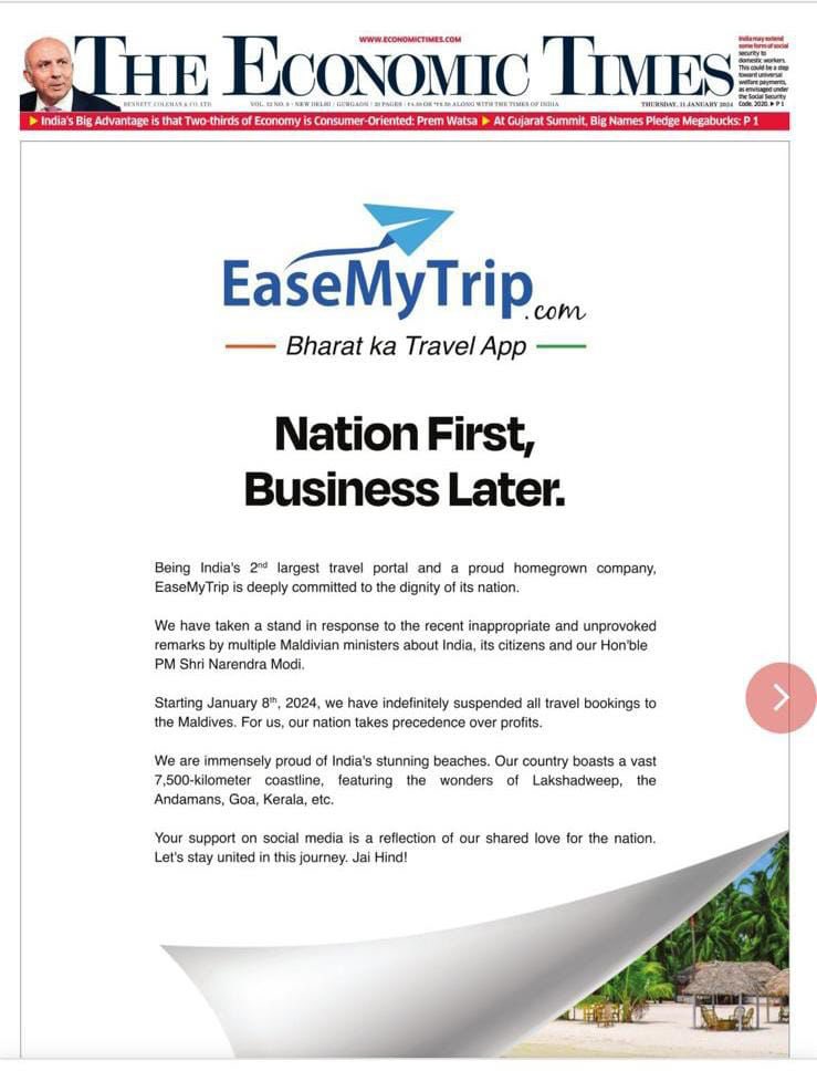 Absolutely !!! Nation always first 🇮🇳 #Nationfirstbusinesslater Well done @EaseMyTrip 💯