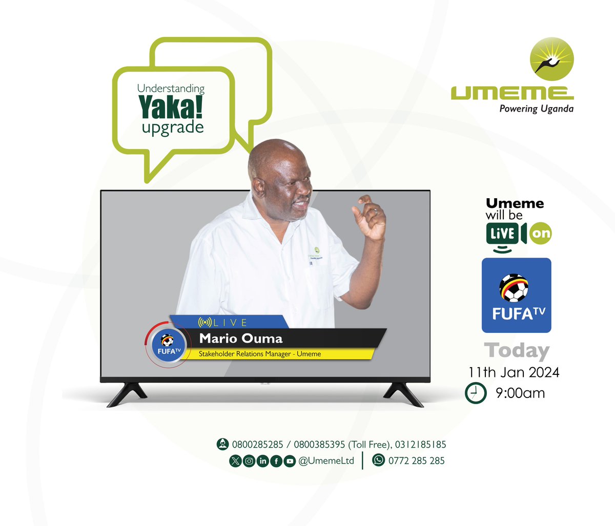 Today at 🕘 9:00am, change the 📺 tv channel to 📡 @fufatv1 and join the 🗣 discussion about the ongoing 📟⚡️ Yaka! meter upgrade. Our 🤝🏽Stakeholder Relations Manager, Mario Ouma, will be 🎬 live to share insights and give clarity on many ⁉️questions about the project. DO NOT…