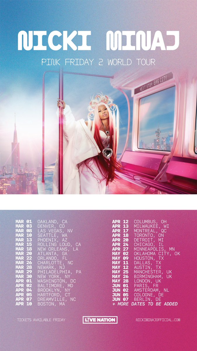 What are your Top 5 PERSONAL FAVE songs you MUST see performed on the #PinkFriday2 #GagCityTour? (From the #PinkFriday2 album only)

And again, don’t forget…

These are just the first set of dates, adding more as we speak. Will update you soon.