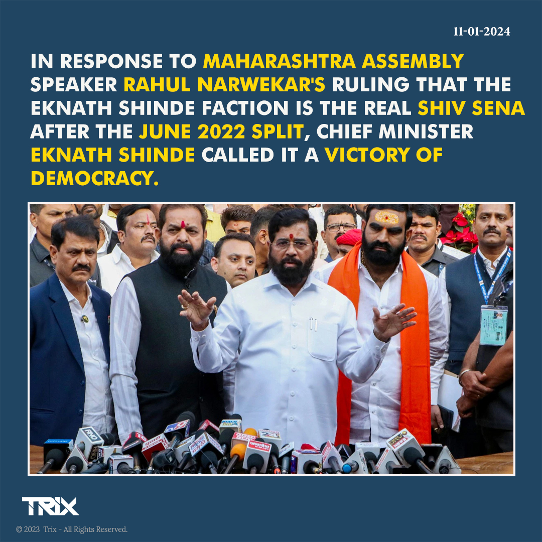 'Chief Minister Eknath Shinde Hails Speaker's Verdict as a Victory of Democracy'.

#EknathShinde #RahulNarwekar #MaharashtraAssembly #ShivSenaSplit #VictoryOfDemocracy #PoliticalVerdict #StatePolitics #DemocraticValues #MaharashtraLeadership #PoliticalResponse #trixindia