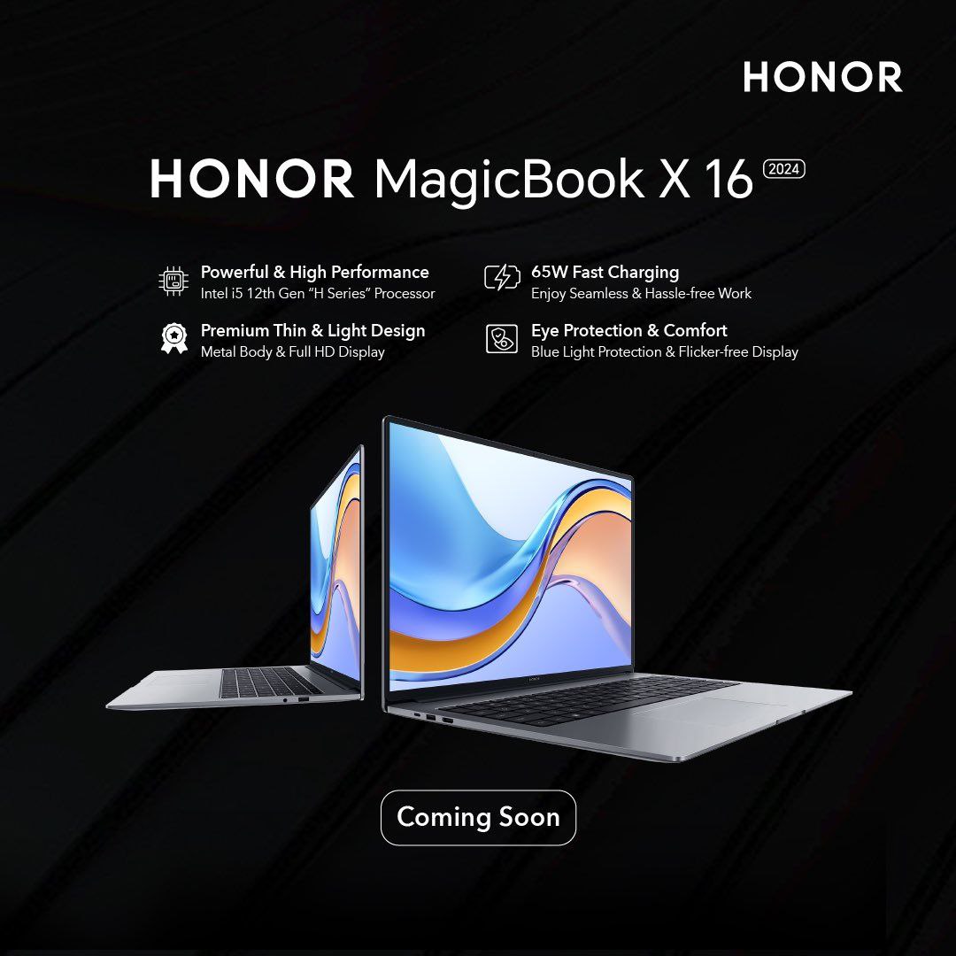 HONOR MagicBook X 16 2024 is launching soon in India 😍

• 16 inches Full-HD Display 
• Intel i5 12thGen H Series processor
• Premium Thin and Light design
• Metals Body
• Blue Light Protection
• Flicker free Display 
• 65W fast charge

#HONORMagicBook