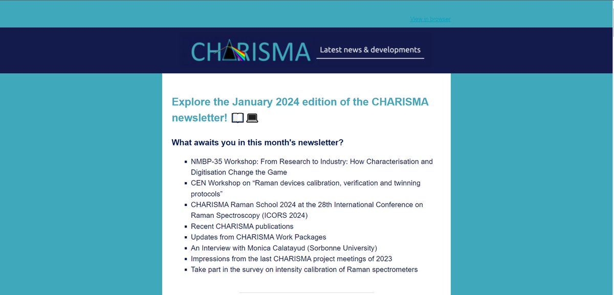 📬 Our January CHARISMA Project newsletter: 🤝 NMBP-35 projects joint workshop 🏫 CHARISMA Raman School 2024 at ICORS 📰 two scientific publications from our partners, and much more. Read here! h2020charisma.eu/news/charisma-…
