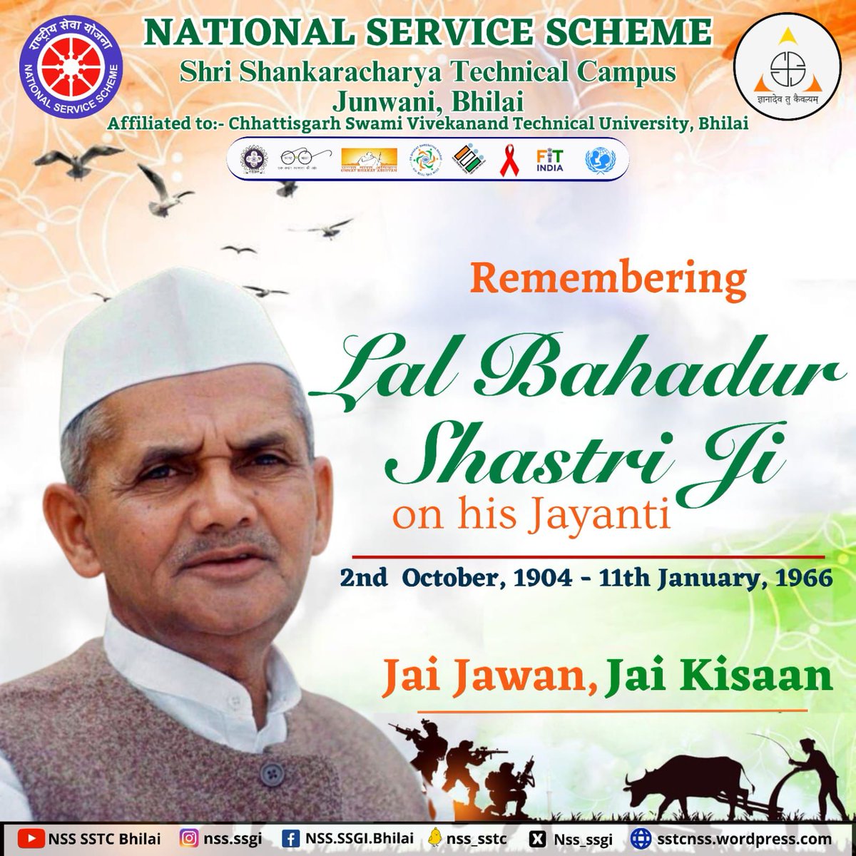 Nss_ssgi's tweet photo. Jai Hind 🇮🇳
Lal Bahadur Shastri was not only a #greatleader but also a #manofintegrity. He played a significant role in shaping India's #history.
@_NSSIndia
@YASMinistry
@NSSRDBhopal
@nsscsvtuCG
@ianuragthakur
@ashokshrotinss
@Rajkumarnss
@NeetaBajpai5
@dr_dsraghu https://t.co/HOl6qyrTqN