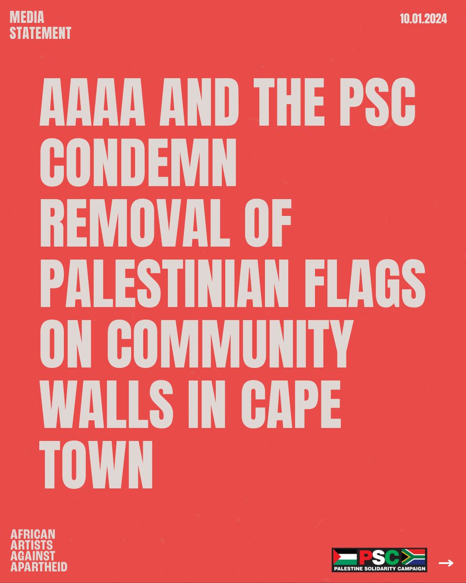 African_AAA's tweet photo. African Artists Against Apartheid and the Palestine Solidarity Campaign in South Africa strongly condemn the City of Cape Town’s removal of Palestinian flag murals in communities which have experienced the brunt of South Africa’s legacy of apartheid and forced removals. 1/10 https://t.co/Ui3j2UZtVu