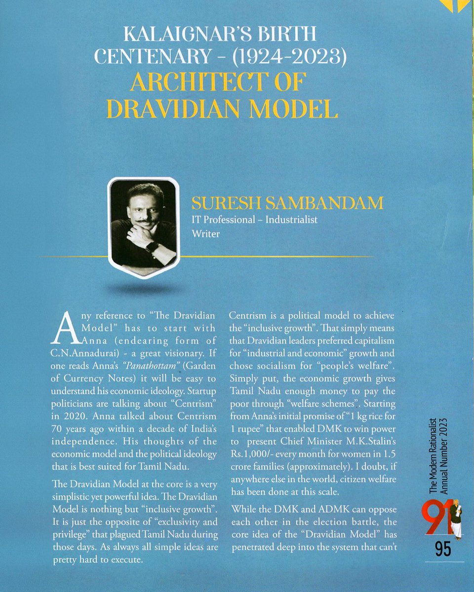 dreamtamilnadu's tweet photo. @sureshsambandam penned an article titled "The Architect of Dravidian Model" for the Modern Rationalist magazine to commemorate Kalaignar's Birth Centenary. Read the article below.
#dreamtamilnadu #sureshsambandam #dtn #tn #DravidianModel #History #centenaries #article #news https://t.co/MkWF7H3E4m