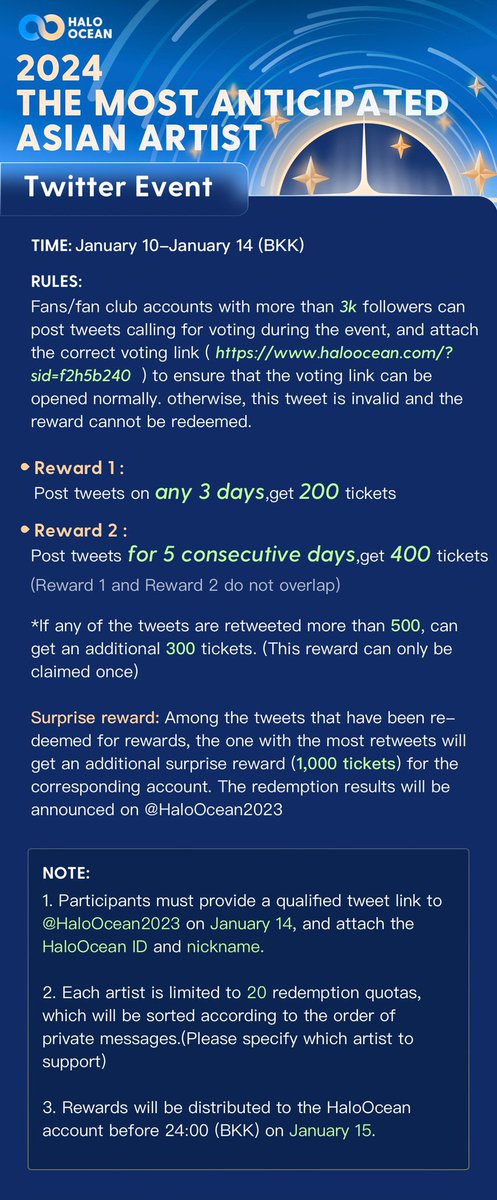 Please RT/QRT this post 

น้องเทรนมานำยอดรีไปแลกเป็นโหวตให้พี่เจฟกันน
“𝟮𝟬𝟮𝟰 𝗧𝗵𝗲 𝗠𝗼𝘀𝘁 𝗔𝗻𝘁𝗶𝗰𝗶𝗽𝗮𝘁𝗲𝗱 𝗔𝘀𝗶𝗮𝗻 𝗔𝗿𝘁𝗶𝘀𝘁”

🎯+ 500 RTs = 300tickets

🖇️👇🏻
haloocean.com/?sid=08h5b15e
#jeffsatur  #HaloOcean