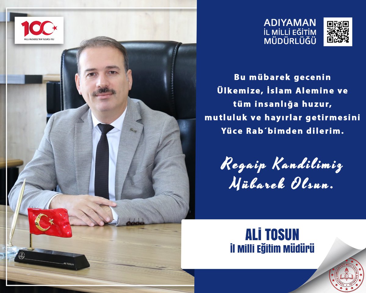 İl Milli Eğitim Müdürümüz Sayın Ali Tosun, Regaip Kandili münasebetiyle bir mesaj yayınladı. İl Müdürümüz Sayın Ali Tosun mesajında;

Bu mübarek gecenin Ülkemize, İslam Alemine ve tüm insanlığa huzur, mutluluk ve hayırlar getirmesini Yüce Rab'bimden dilerim.

Regaip Kandilimiz