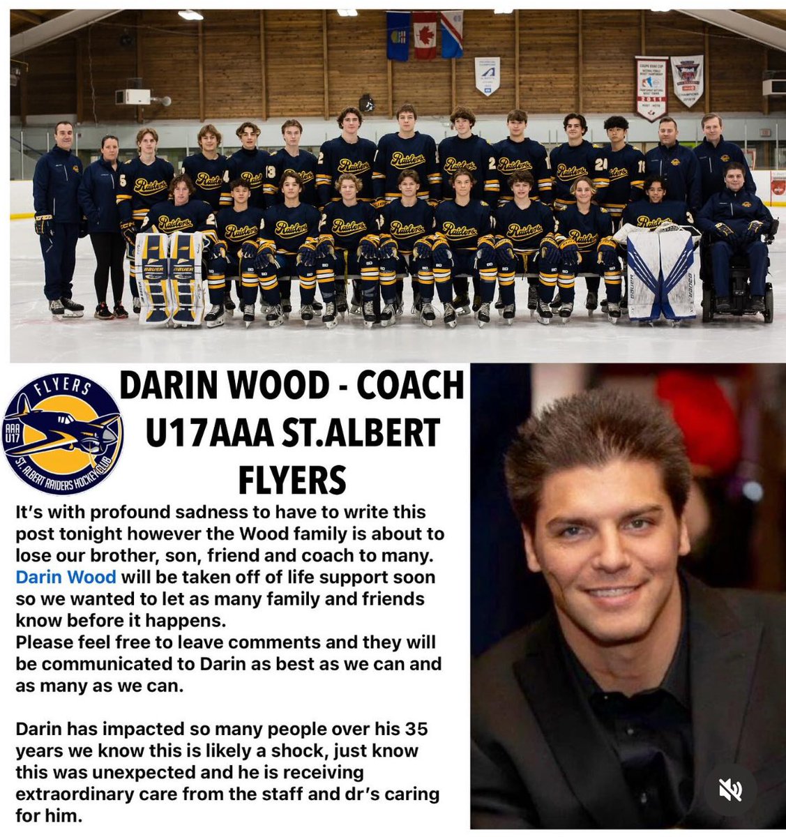 Sad news for our #U17AAAstalbertFlyers Team today. RIP Coach Woody. Always remembered, never forgotten. Prayers to the Wood family, friends and his hockey family. 💙💛 @RaidersStAlbert @AEHL_HA