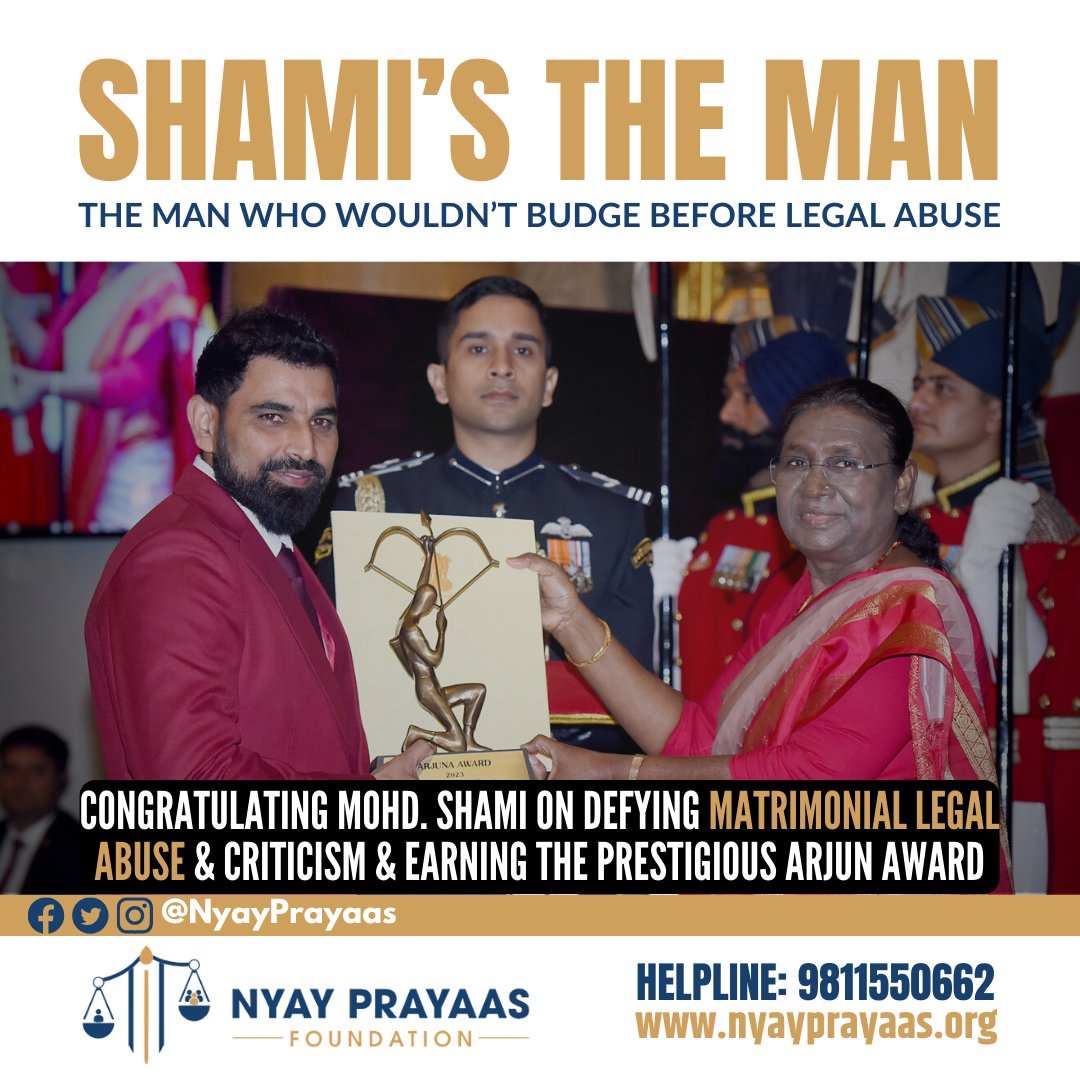 Hats off to Mohd. Shami for rising above matrimonial legal challenges & criticism to achieve the prestigious #ArjunaAward ! 🏆 His dedication to excellence in cricket is truly commendable. Let's celebrate his success & perseverance. 
#MohdShami  #Resilience
#NyayPrayaas4Men