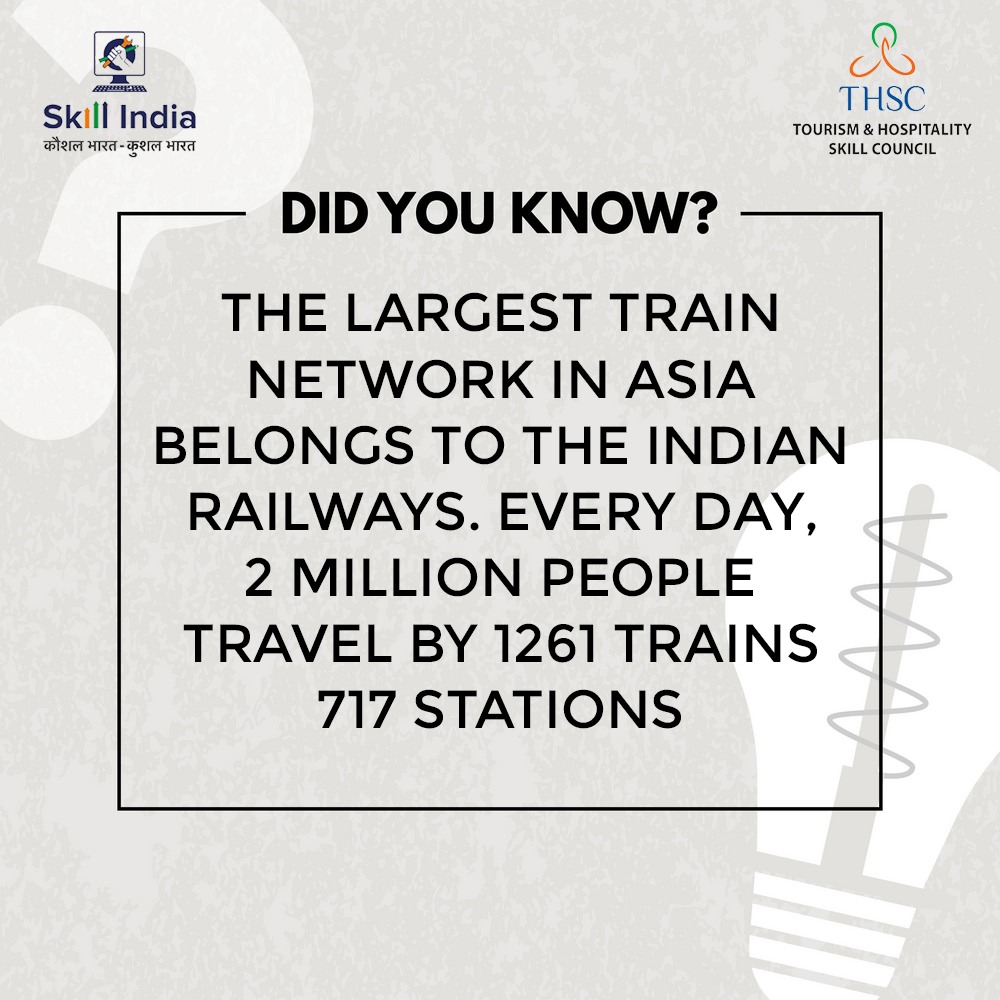 Did you know about these amazing Indian Tourism facts? 

#THSC #thscskillindia #MSDE #DGET #DBT #NSDC #GovernmentITI #DeputyDirectorGeneral #RDSDE #skillcouncil #LearnwithTHSC #Skill4NewIndia #hospitality #tourism #learning #DidYouKnow #hotel #indianrailways #travelandtourism