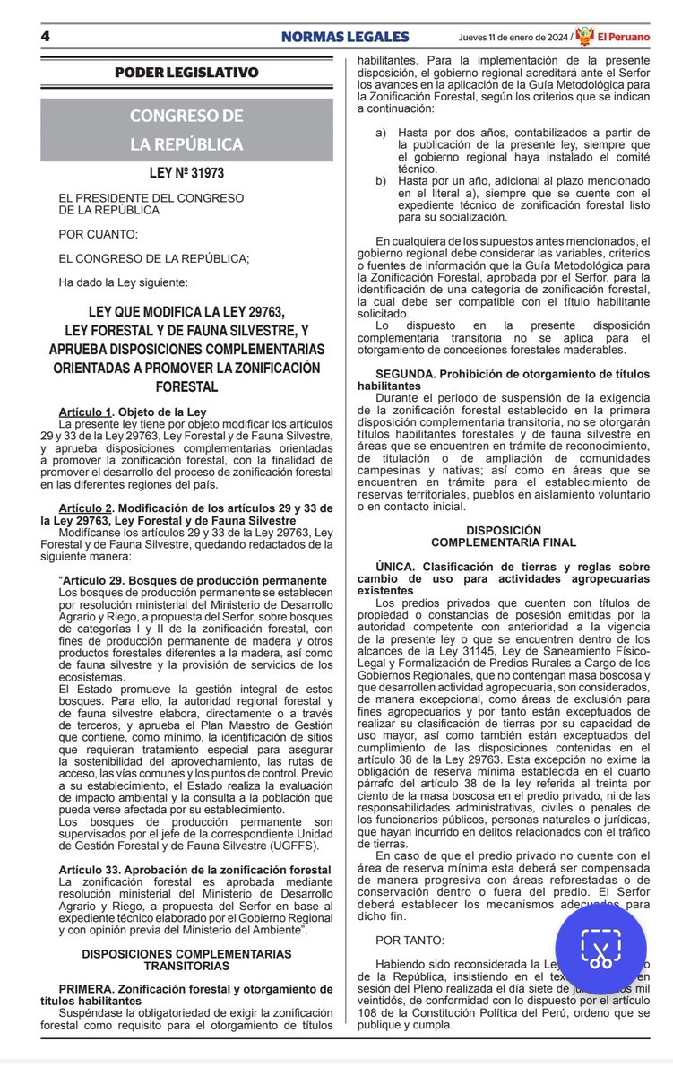 Se ha consumado el atentado contra los #bosques y la #Amazonia se publicó la Ley 31973 que modifica la Ley Forestal y Fauna Silvestre complicidad en <a href="/congresoperu/">Congreso del Perú 🇵🇪</a> con <a href="/AlejandroSotoRe/">Alejandro Soto Reyes</a>
<a href="/waldemar_cerron/">Waldemar Cerrón Rojas</a> no olvidemos a quienes representan y lo que son 
busquedas.elperuano.pe/dispositivo/NL…