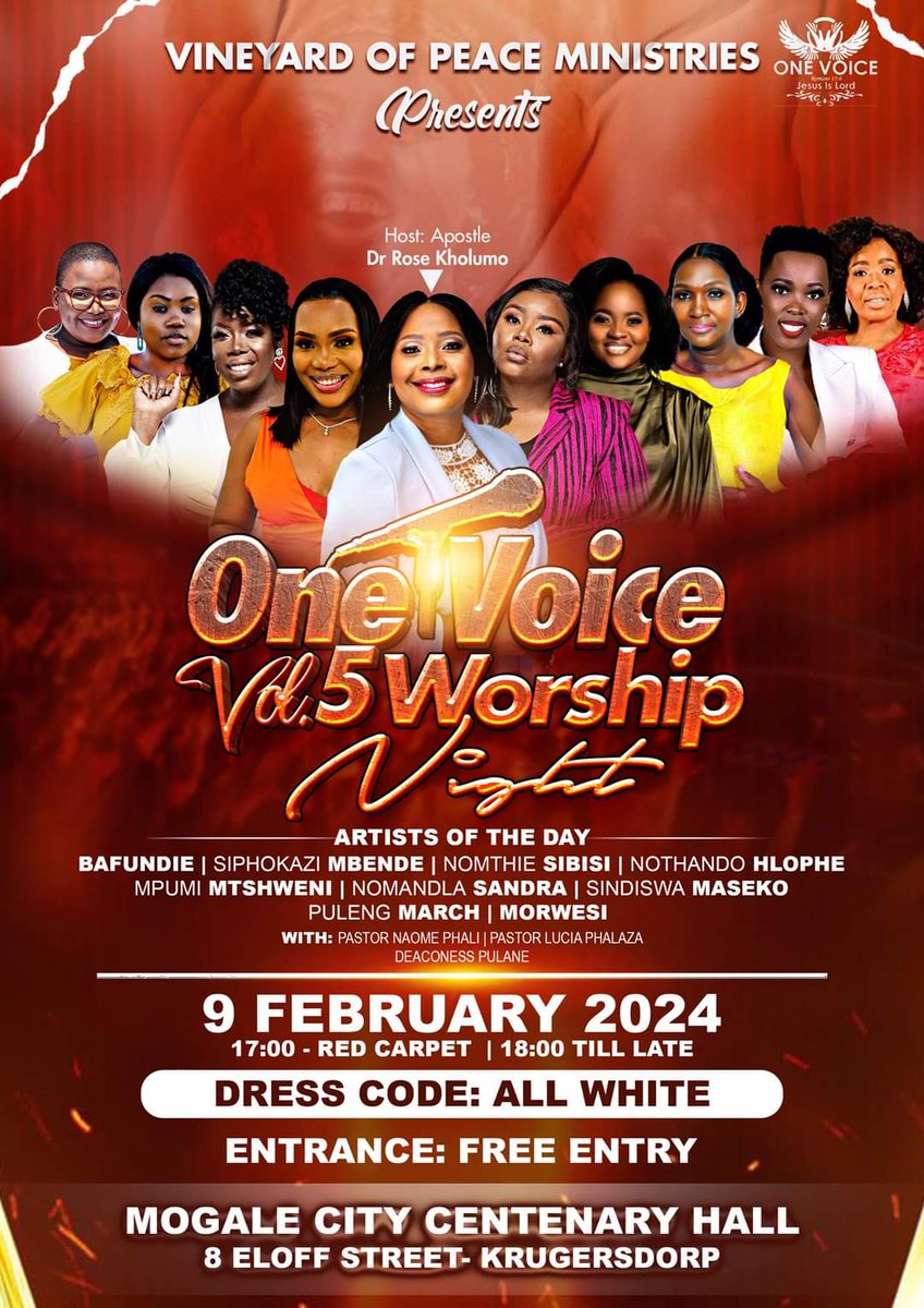 APRoseMokoena's tweet photo. Ladies and gentlemen, get ready for an uplifting worship night like never before! Join us on February 9th, 2024, at Centenary Hall Krugersdorp, as extraordinary Women of God take the stage at One Voice Vol 5.
It's a night you won't want to miss!
 #OneVoiceVol5 #WomensMinistry" https://t.co/umIfOhTHJJ