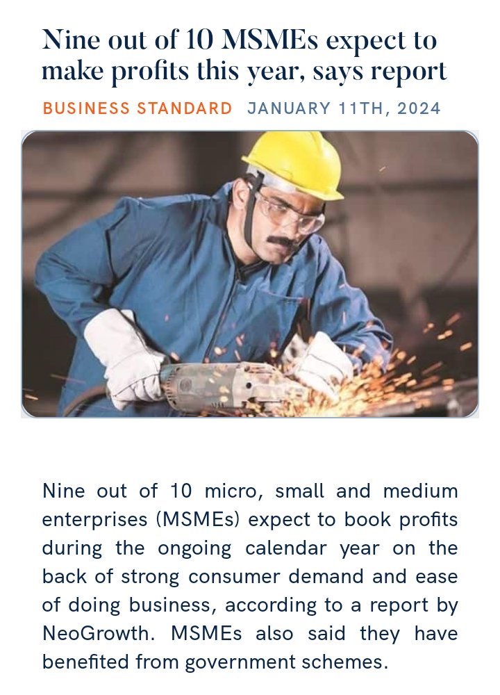 Pawanv12345's tweet photo. Nine out of 10 MSMEs expect to make profits this year, says report
https://t.co/U0RW5yd1a6 https://t.co/tHBjsqKjEF
