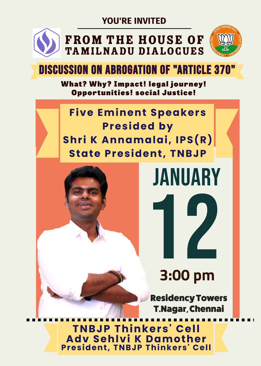 Discussion on abrogation of Article 370 on 12 jan 2024 at 3.00 pm. Venue: The Residency Towers, Chennai. #TamilnaduDialogues #DiscussionAbrogation370