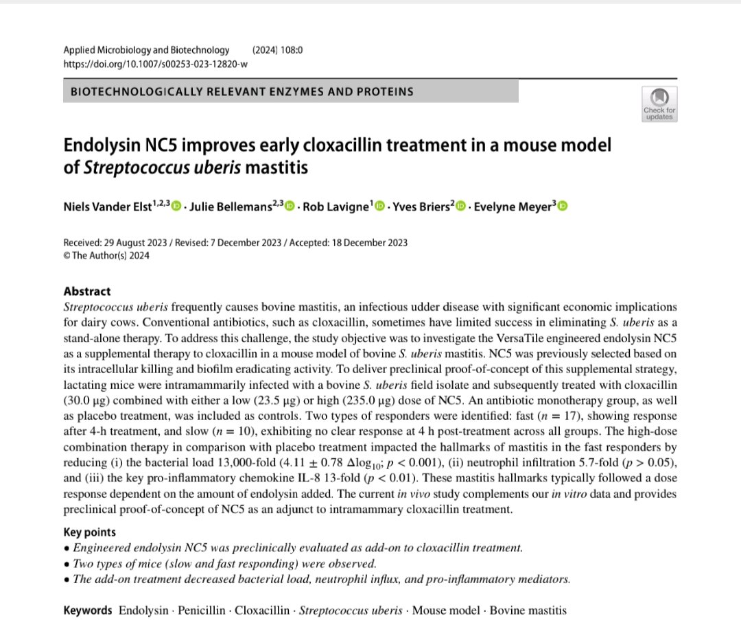 VanderElstNiels's tweet photo. 📣 We show in our latest publication that #Antibiotic #Treatment for #Streptococcus uberis can be improved significantly by addition of our engineered #Phage #Endolysin 💊 Read our latest work here, now published in @SpringerMicBio 👇
https://t.co/mx7WvbNEa3 https://t.co/0yBcwRdKFe
